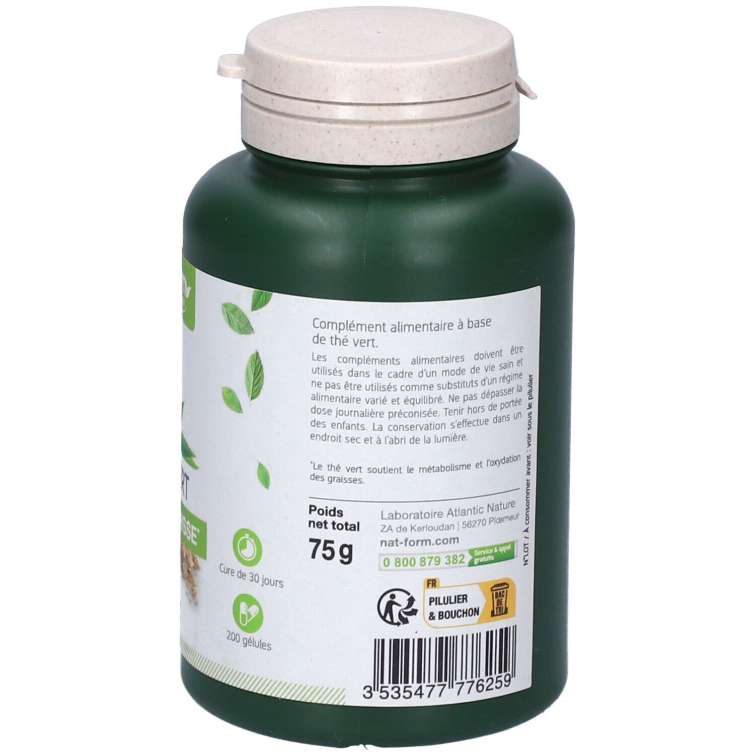 Dos du flacon vert. Texte: Complément alimentaire. Poids net 75g. 200 gélules. Informations fabricant.