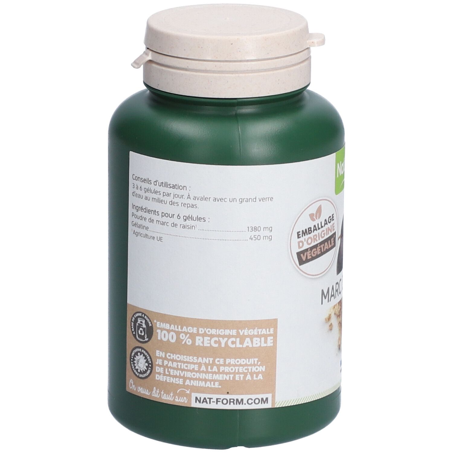 Dos du flacon vert avec bouchon blanc. Texte: conseils d'utilisation, ingrédients. Inscription: 100% recyclable. Emballage d'origine végétale.