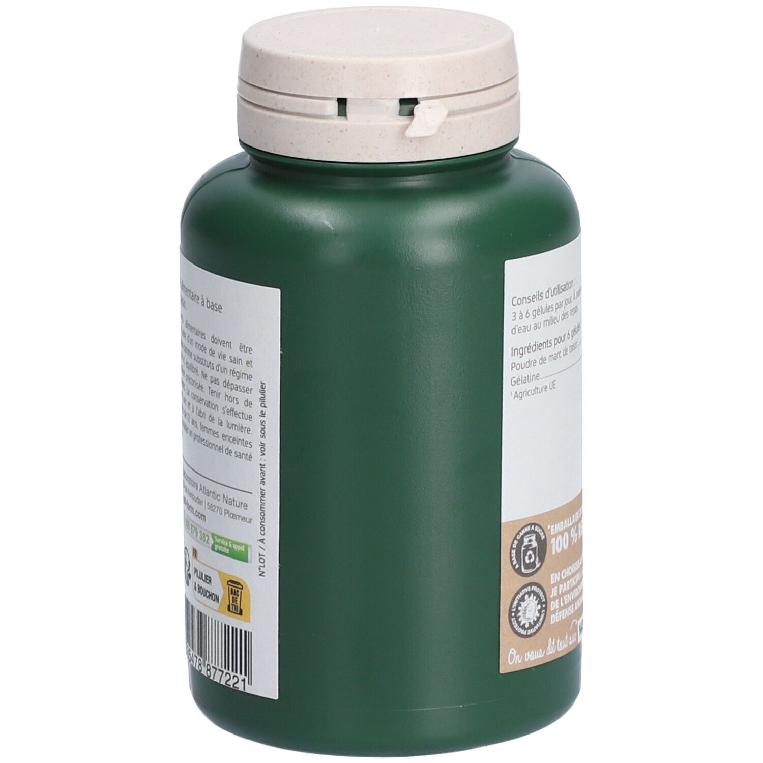 Flacon vert avec bouchon blanc. Texte: conseils d'utilisation, ingrédients. Inscription: 100% recyclable. Emballage d'origine végétale.