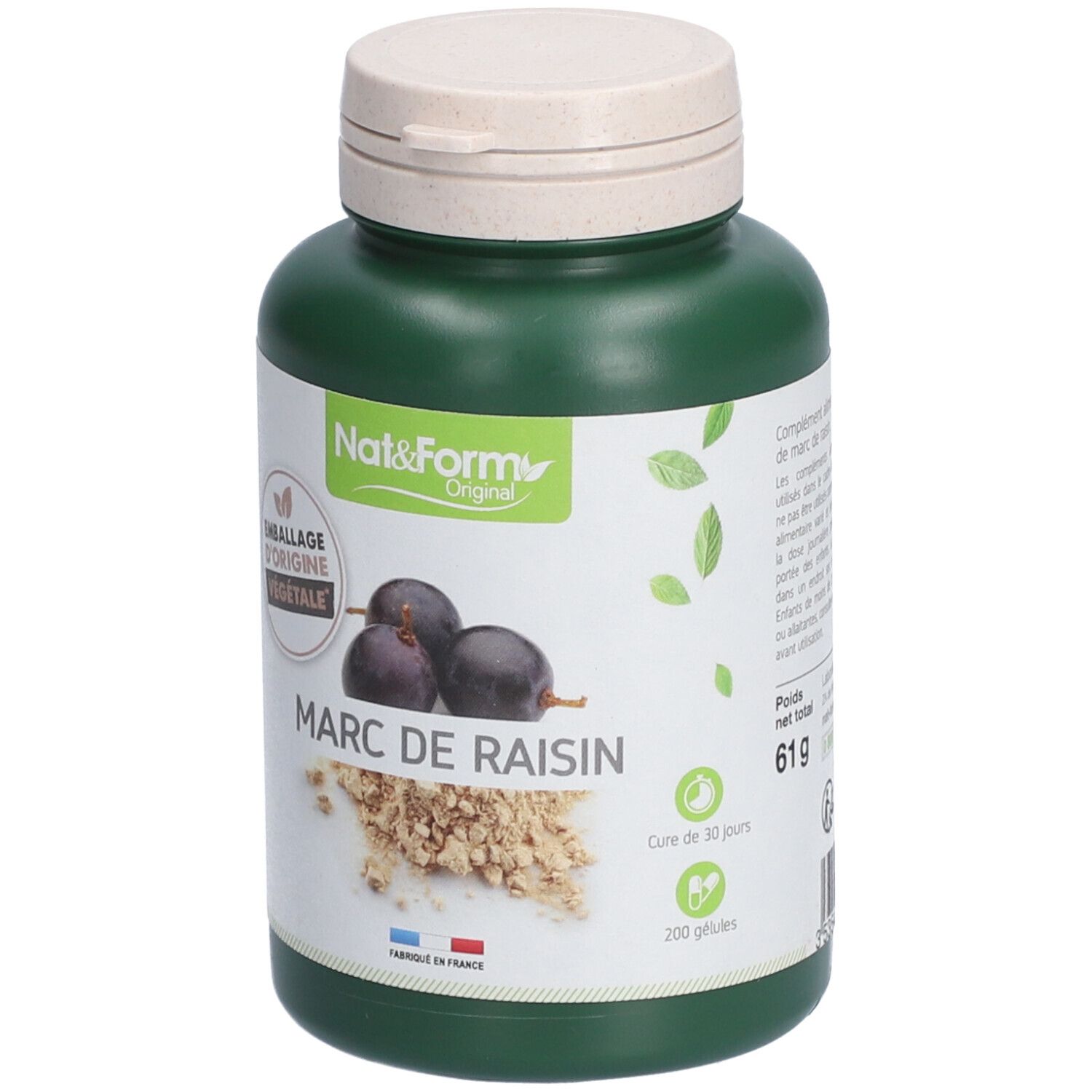 Flacon vert avec bouchon blanc. Inscription: Nat&Form MARC DE RAISIN. 250 gélules. Emballage végétal. Cure de 30 jours.