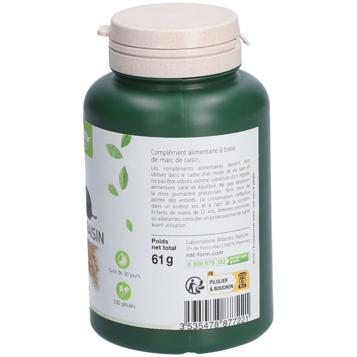 Dos du flacon vert avec bouchon blanc. Texte: Complément alimentaire. 250 gélules. Emballage végétal. Cure de 30 jours.