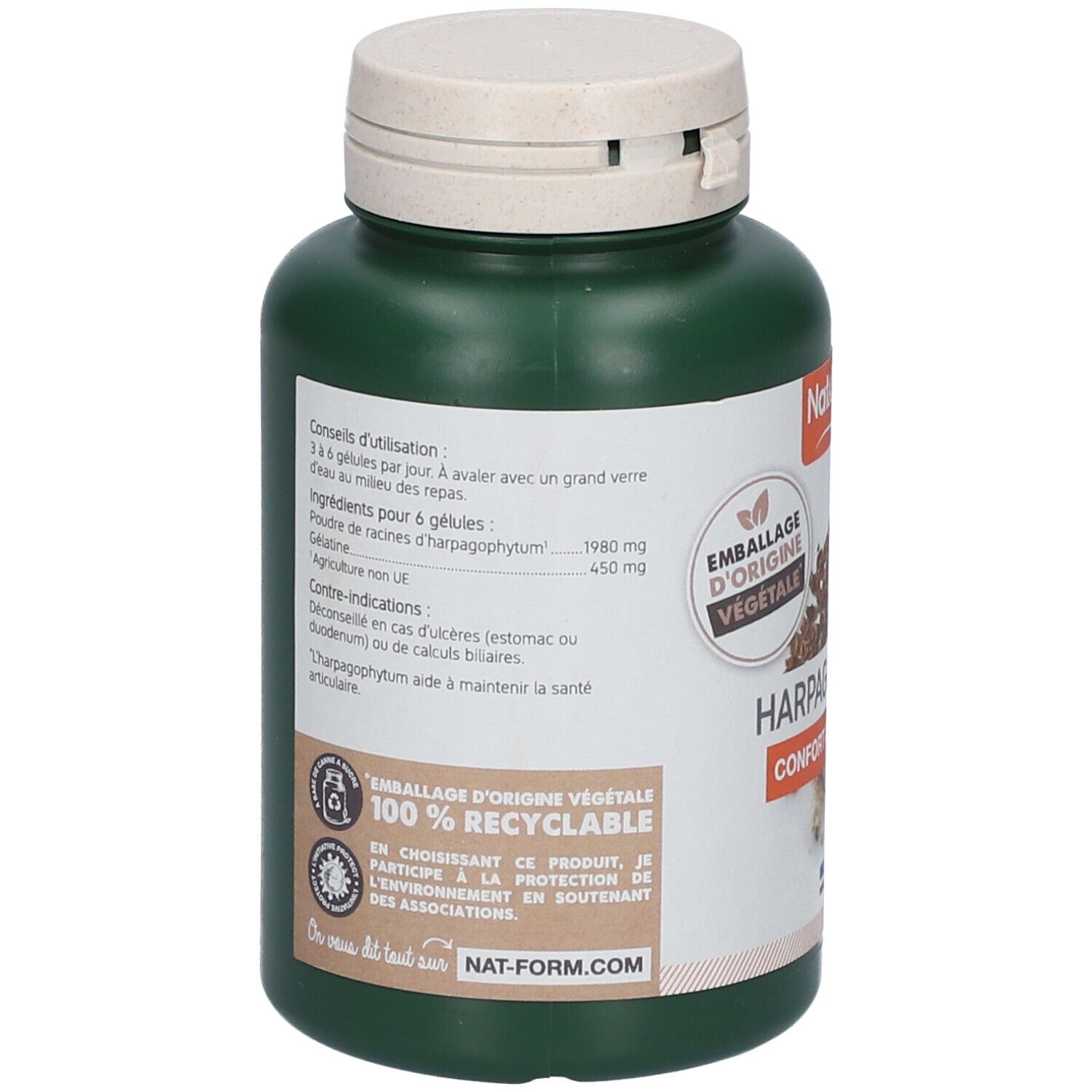 Rückseite der grünen Flasche mit weißem Deckel. Etikett mit Text und Logo. Text: Emballage d'origine végétale. 100% Recyclable.