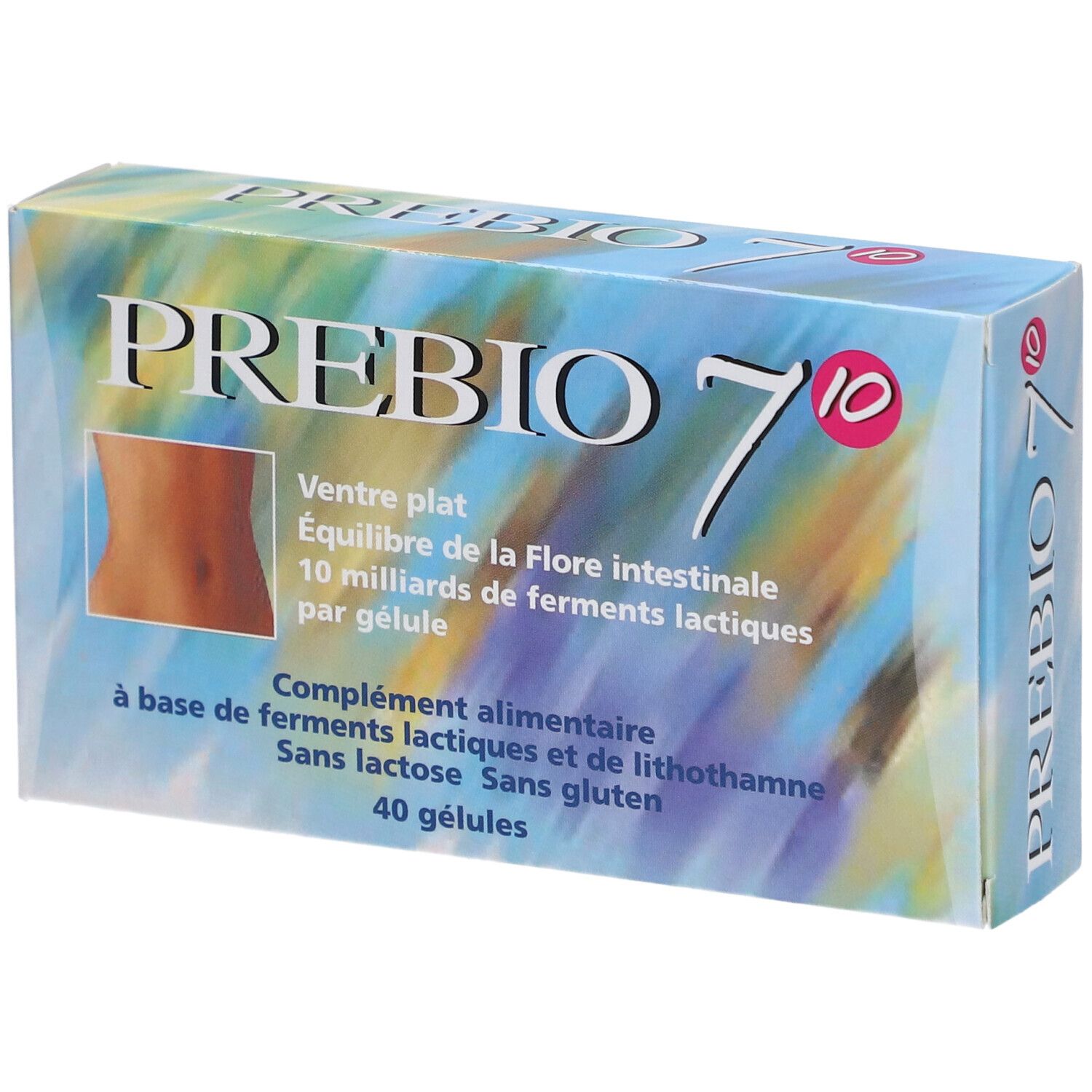 Schachtel mit Aufschrift PREBIO 7. Enthält 40 Kapseln. Text: Ventre plat, Équilibre de la Flore intestinale, 10 milliards de ferments lactiques.