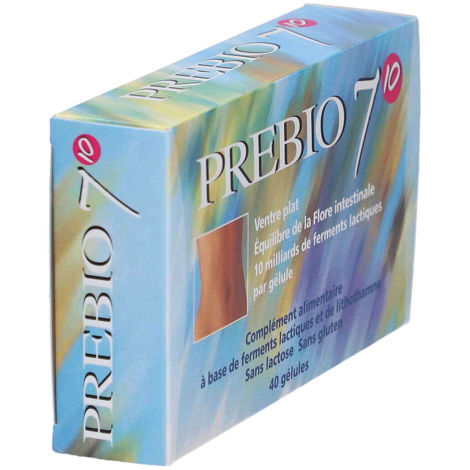 Schachtel PREBIO 7, schräg. Text: Ventre plat, Équilibre de la Flore intestinale, 10 milliards de ferments lactiques par gélule. 40 gélules.