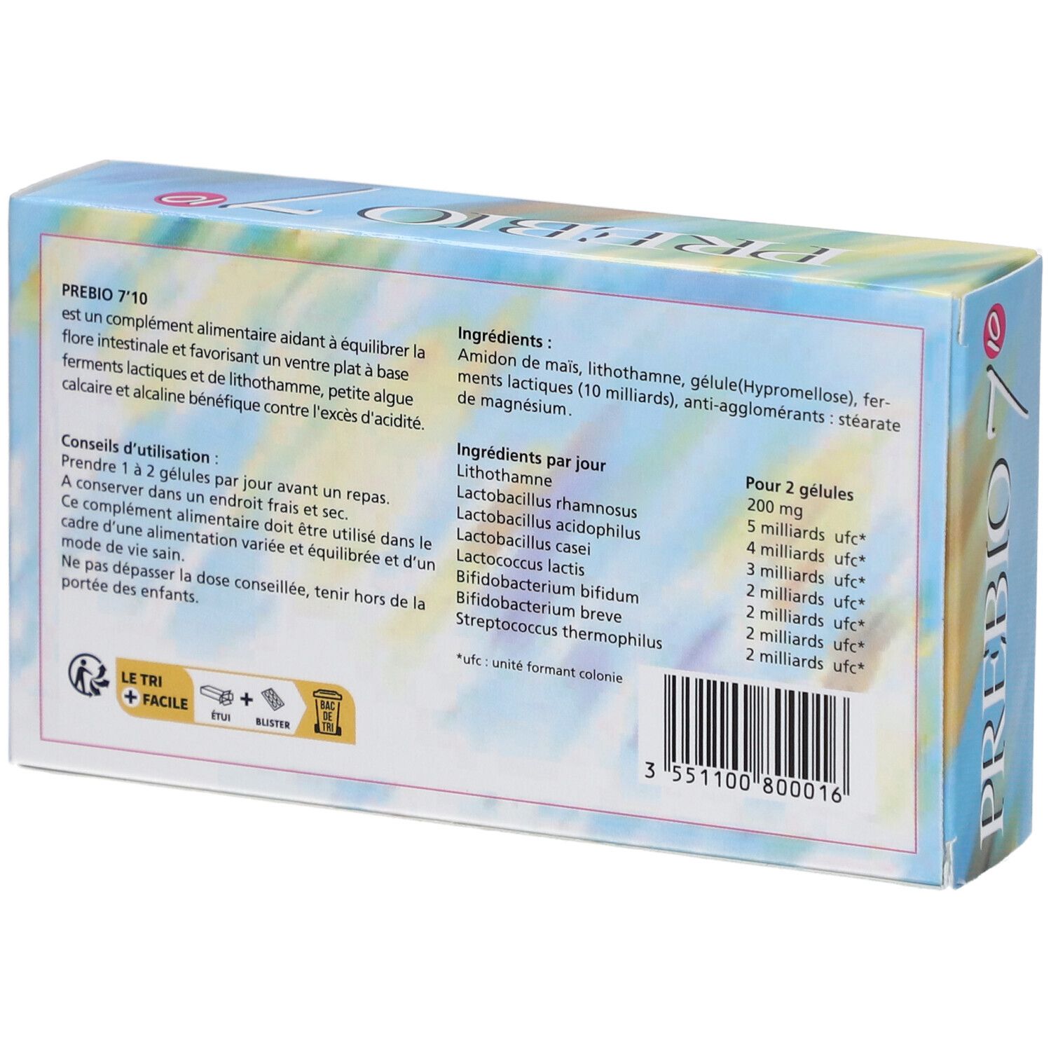 Rückseite der PREBIO 7-Schachtel. Enthält Informationen zu Inhaltsstoffen, Anwendung und Nährwertangaben. 40 gélules.