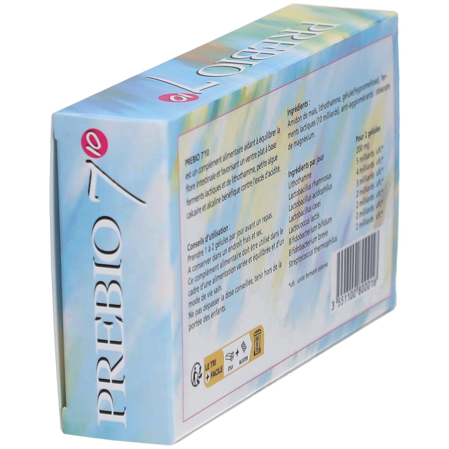 Schräg gestellte Rückseite der PREBIO 7-Schachtel. Enthält Informationen zu Inhaltsstoffen, Anwendung und Nährwertangaben. 40 gélules.