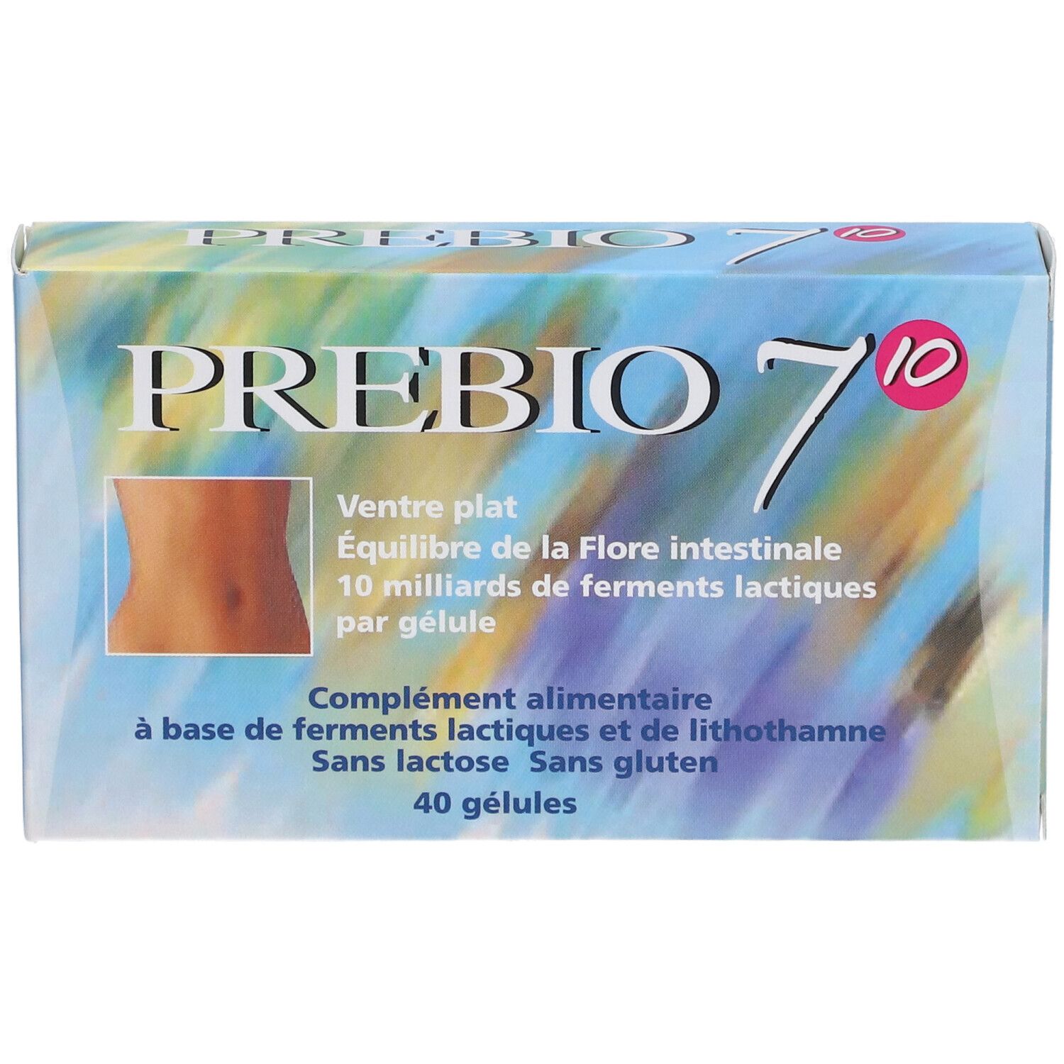 PREBIO 7-Schachtel. Text: Ventre plat, Équilibre de la Flore intestinale, 10 milliards de ferments lactiques par gélule. 40 gélules.