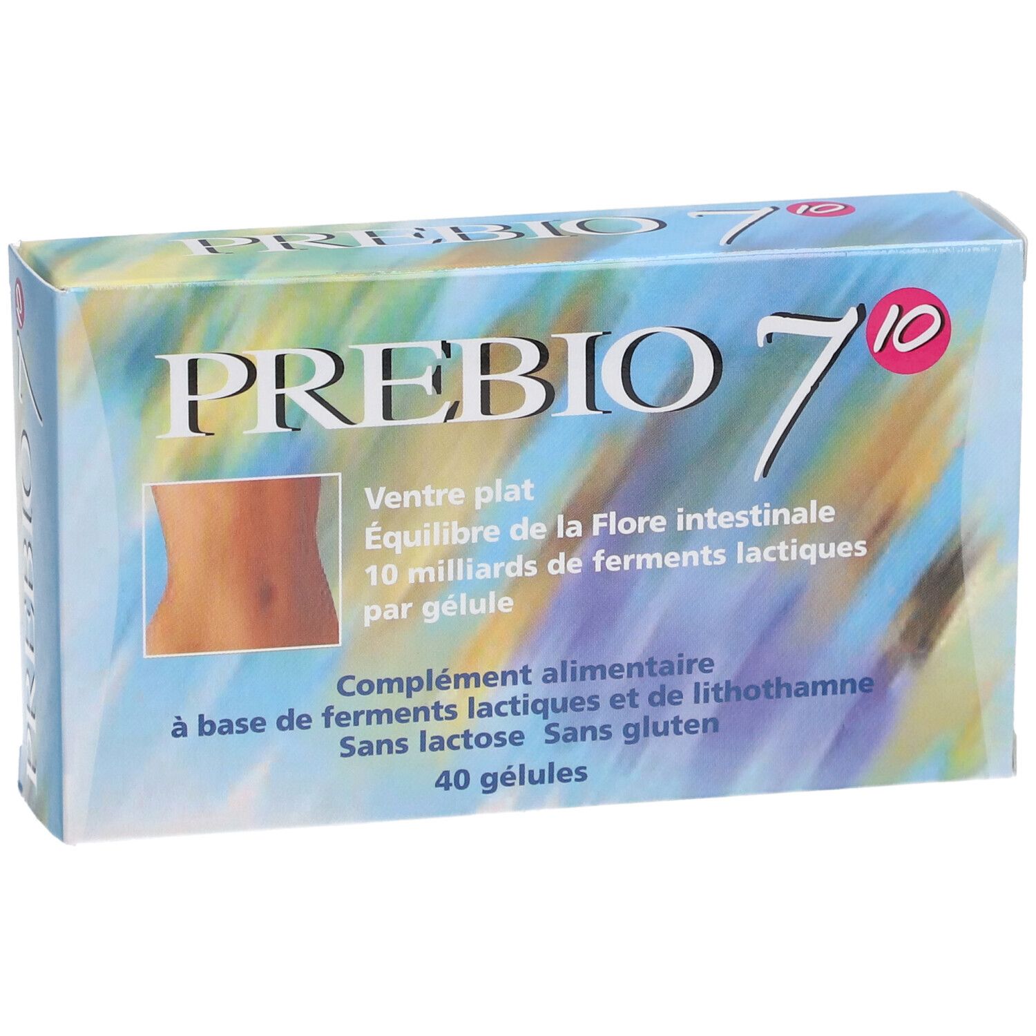 PREBIO 7-Schachtel. Text: Ventre plat, Équilibre de la Flore intestinale, 10 milliards de ferments lactiques par gélule. 40 gélules.