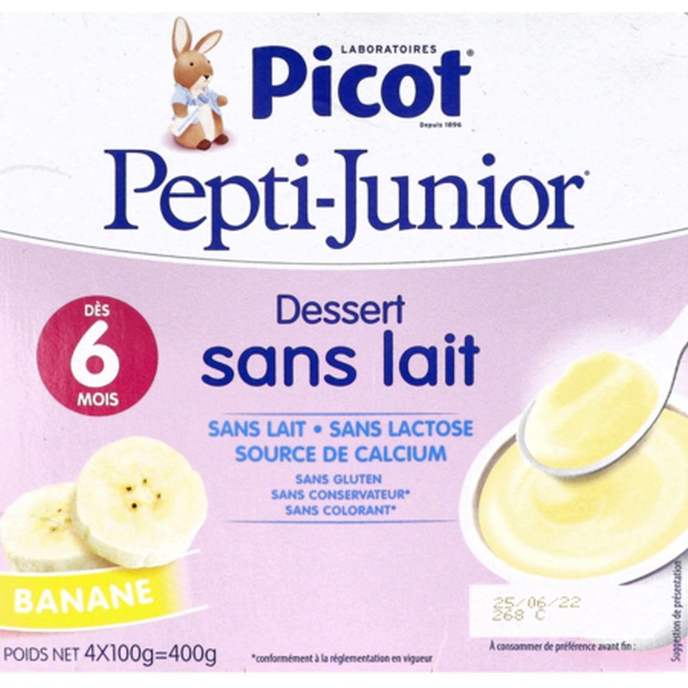 Verpackung mit Picot Pepti-Junior Dessert sans lait, Banane. Enthält Bananenscheiben und Dessert. Text: sans lait, sans lactose, source de calcium.