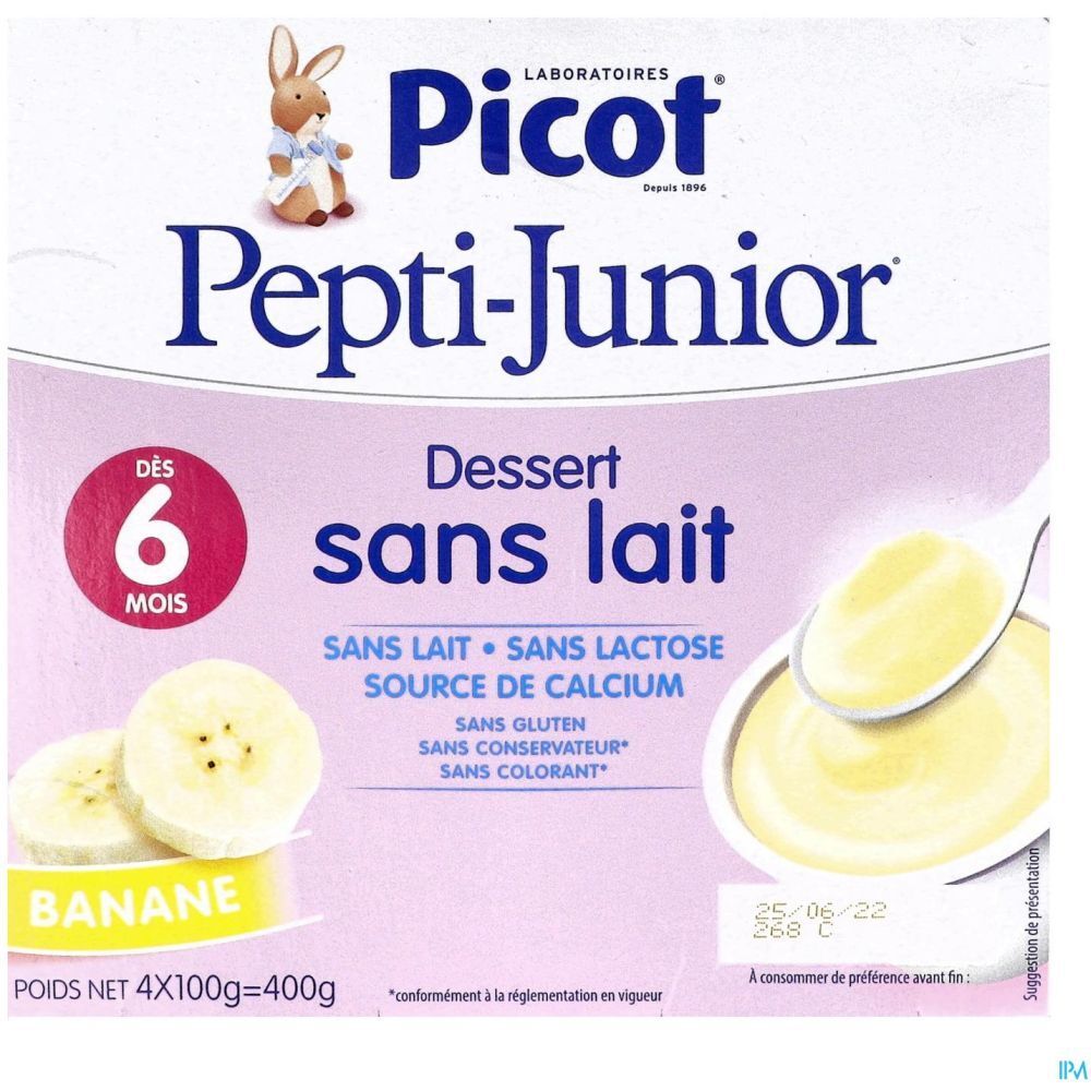 Verpackung mit Picot Pepti-Junior Dessert sans lait, Banane. Enthält Bananenscheiben und Dessert. Text: sans lait, sans lactose, source de calcium.