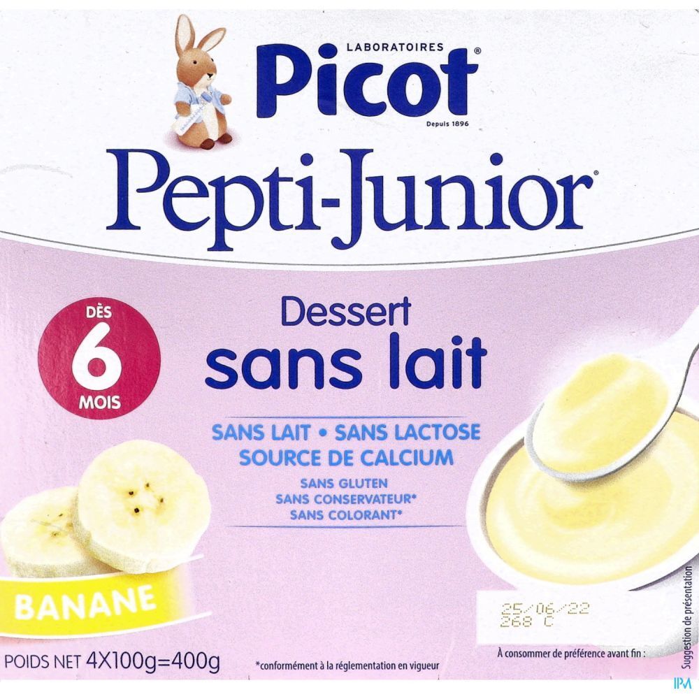 Verpackung mit Picot Pepti-Junior Dessert sans lait, Banane. Enthält Bananenscheiben und Dessert. Text: sans lait, sans lactose, source de calcium.