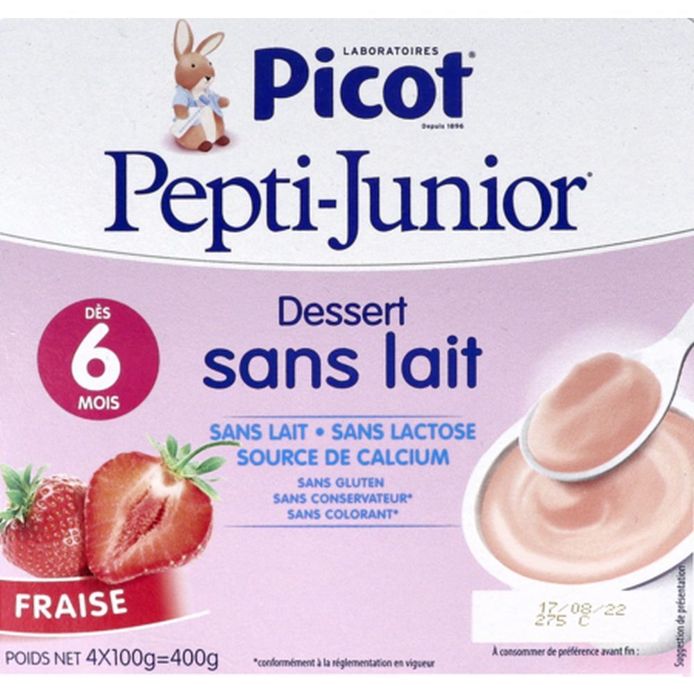 Boîte de dessert Picot Pepti-Junior sans lait, saveur fraise. Contient des fraises et une représentation du produit avec une cuillère.