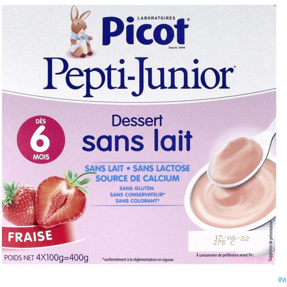 Boîte de dessert Picot Pepti-Junior sans lait, saveur fraise. Contient des fraises et une représentation du produit avec une cuillère.