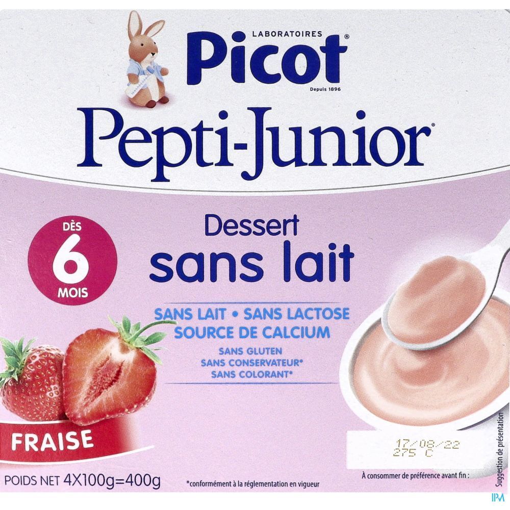 Boîte de dessert Picot Pepti-Junior sans lait, saveur fraise. Contient des fraises et une représentation du produit avec une cuillère.