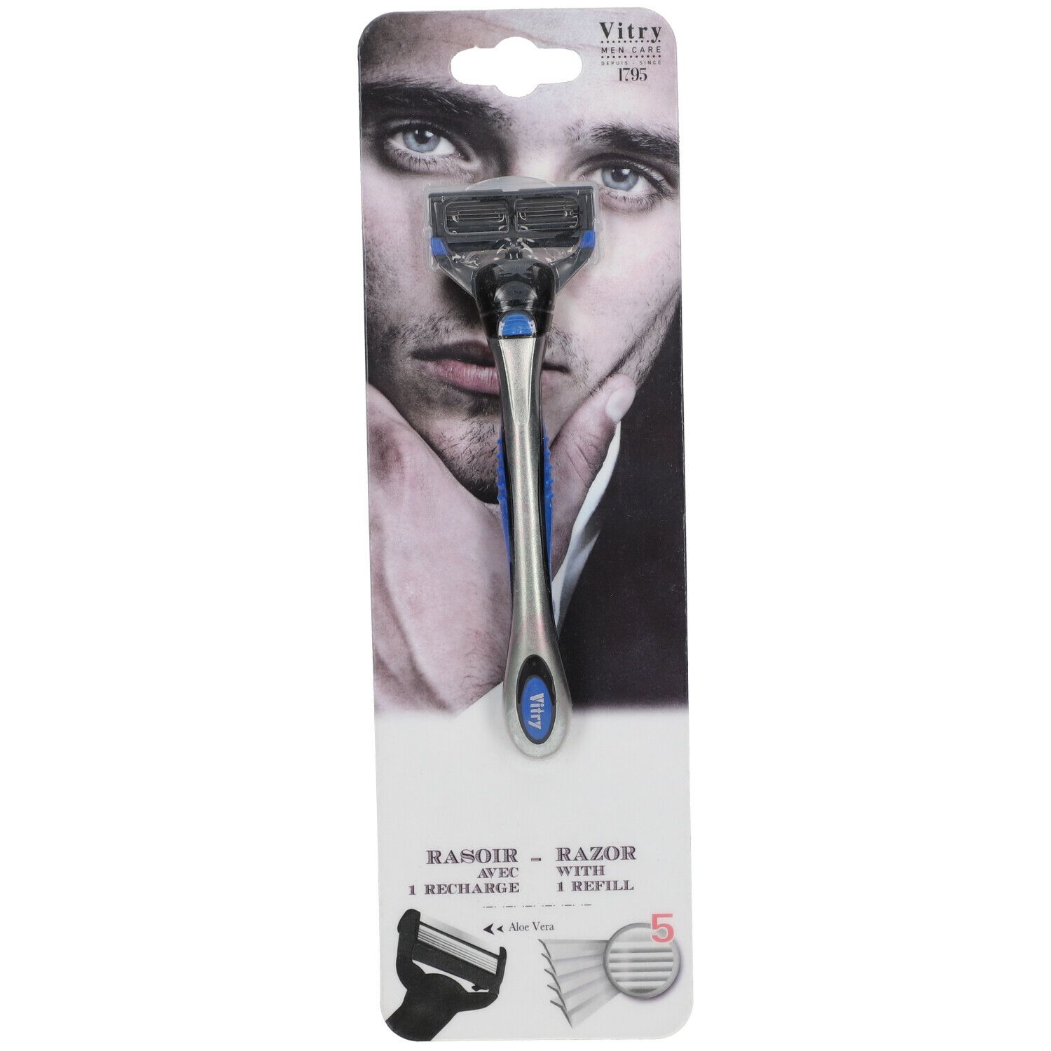 Rasoir avec 1 recharge, emballé. Manche argenté avec détails bleus. Marque Vitry.
