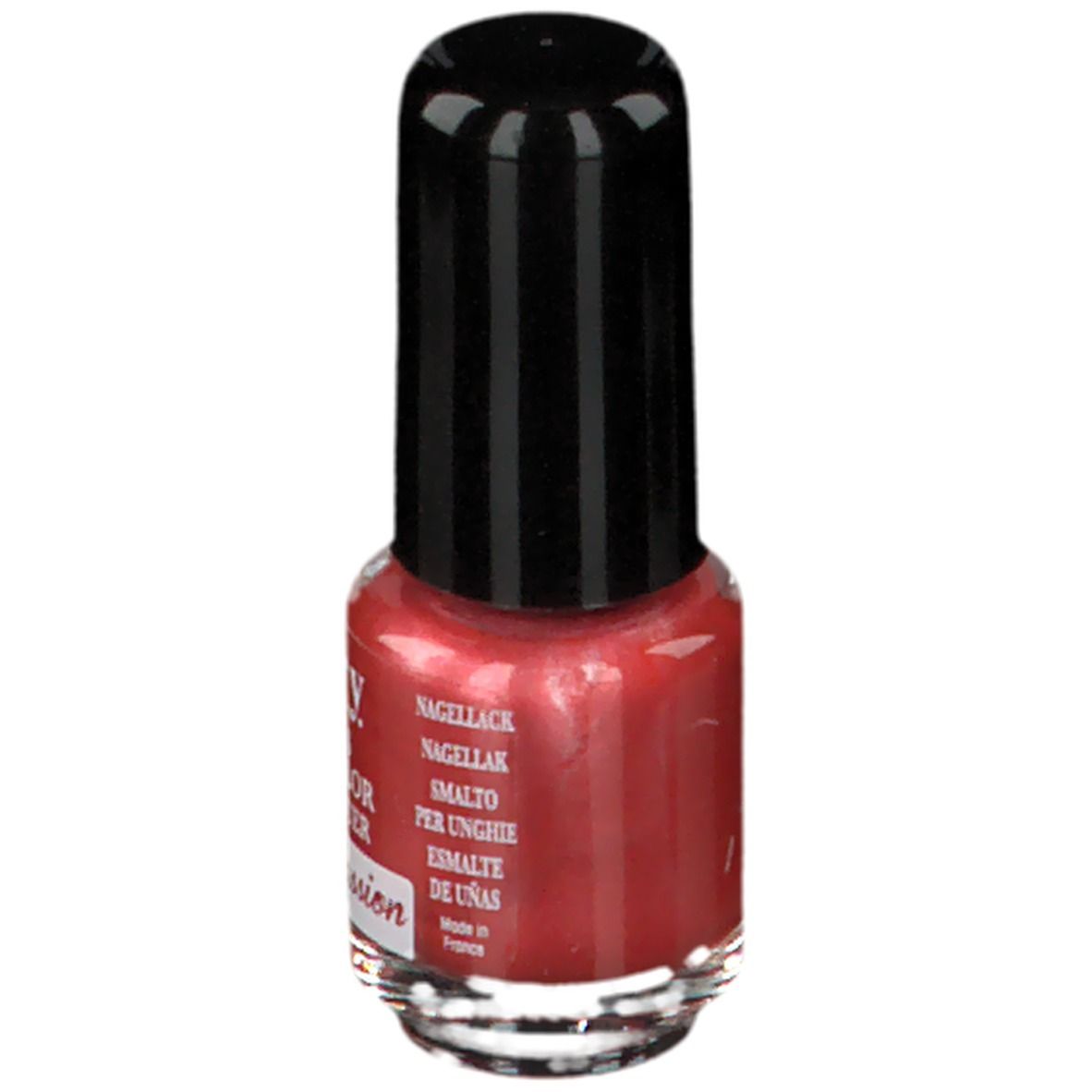 Flacon de vernis à ongles rouge. Bouchon noir. Inscriptions multilingues: vernis, smalto, esmalte.