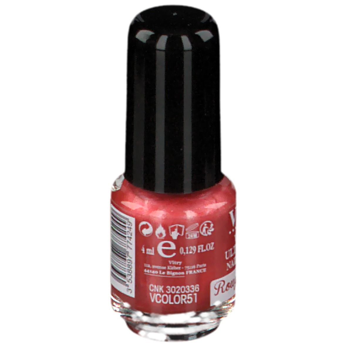 Rote Nagellackflasche. Schwarzer Deckel. Aufschrift: Vitry, Vernis, Rouge Passion, 4 ml.