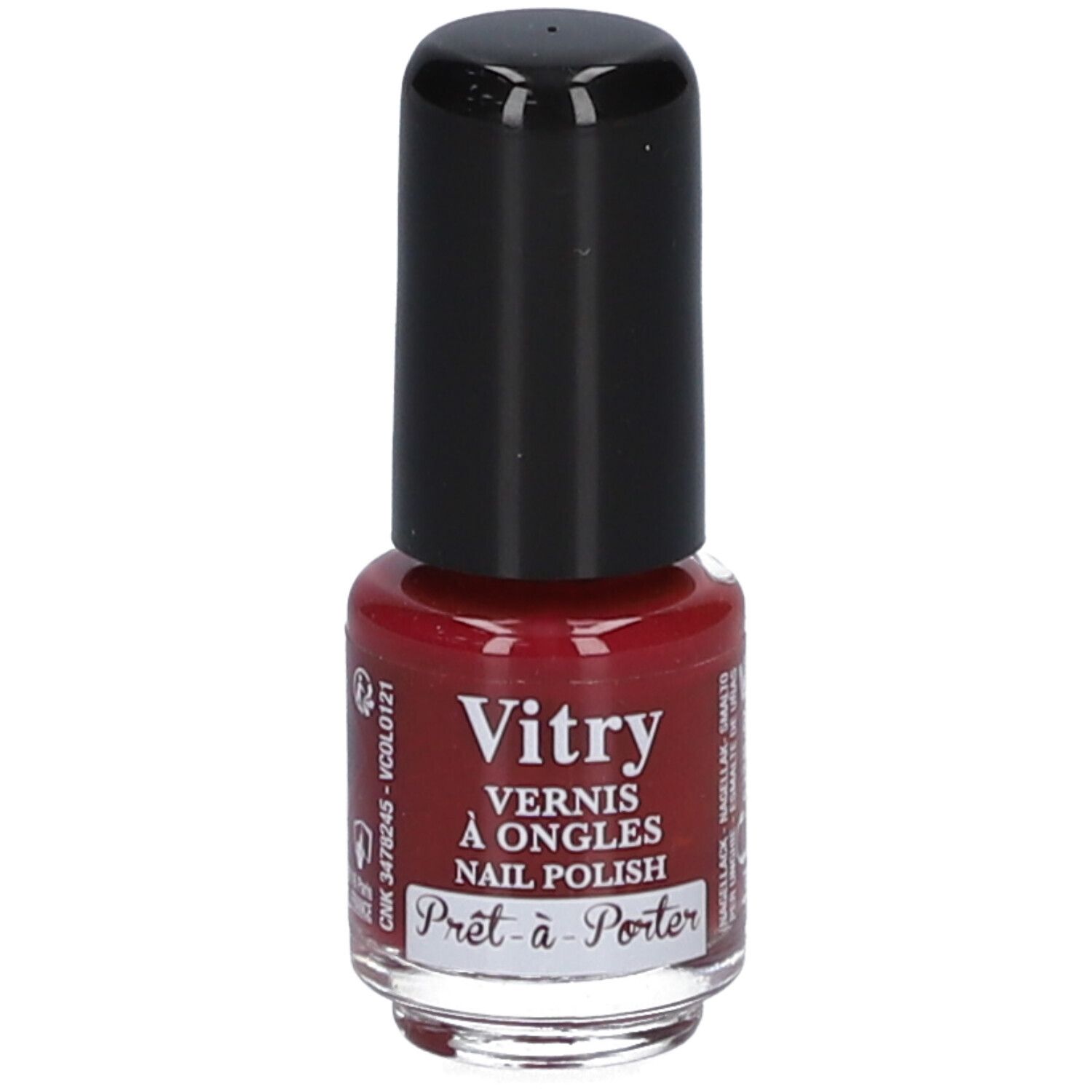 Nagellackflasche mit schwarzem Deckel. Aufschrift: Vitry, Vernis à Ongles, Nail Polish, Prêt-à-Porter. Rote Flüssigkeit sichtbar.