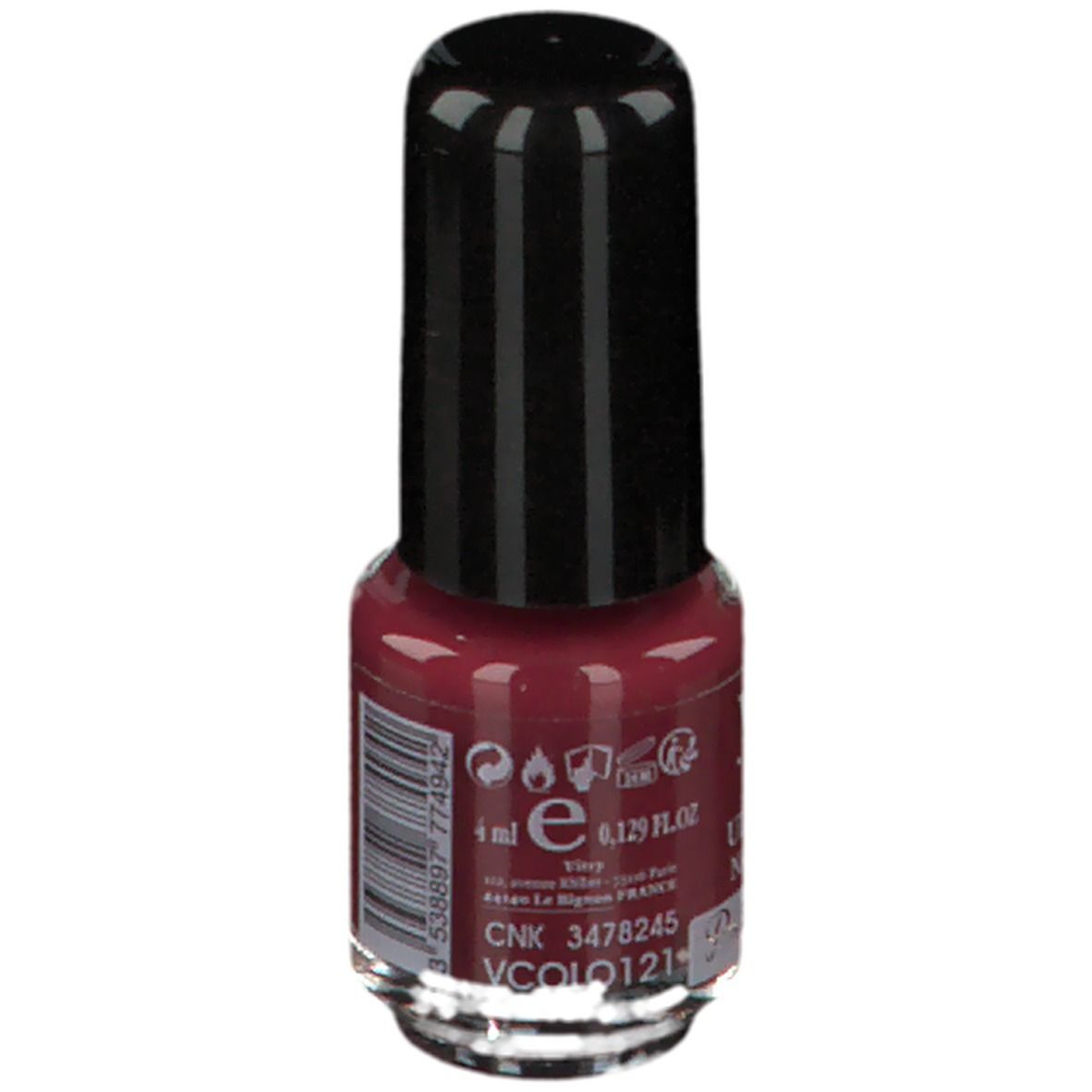 Nagellackflasche mit schwarzem Deckel. Aufschrift: Vitry, Vernis à Ongles, Nail Polish, Prêt-à-Porter. 4 ml. Rote Flüssigkeit sichtbar.