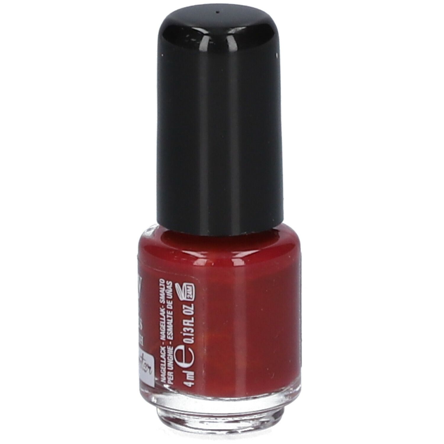 Nagellackflasche mit schwarzem Deckel. Aufschrift: 4 ml, 0.13 fl. oz. Rote Flüssigkeit sichtbar.