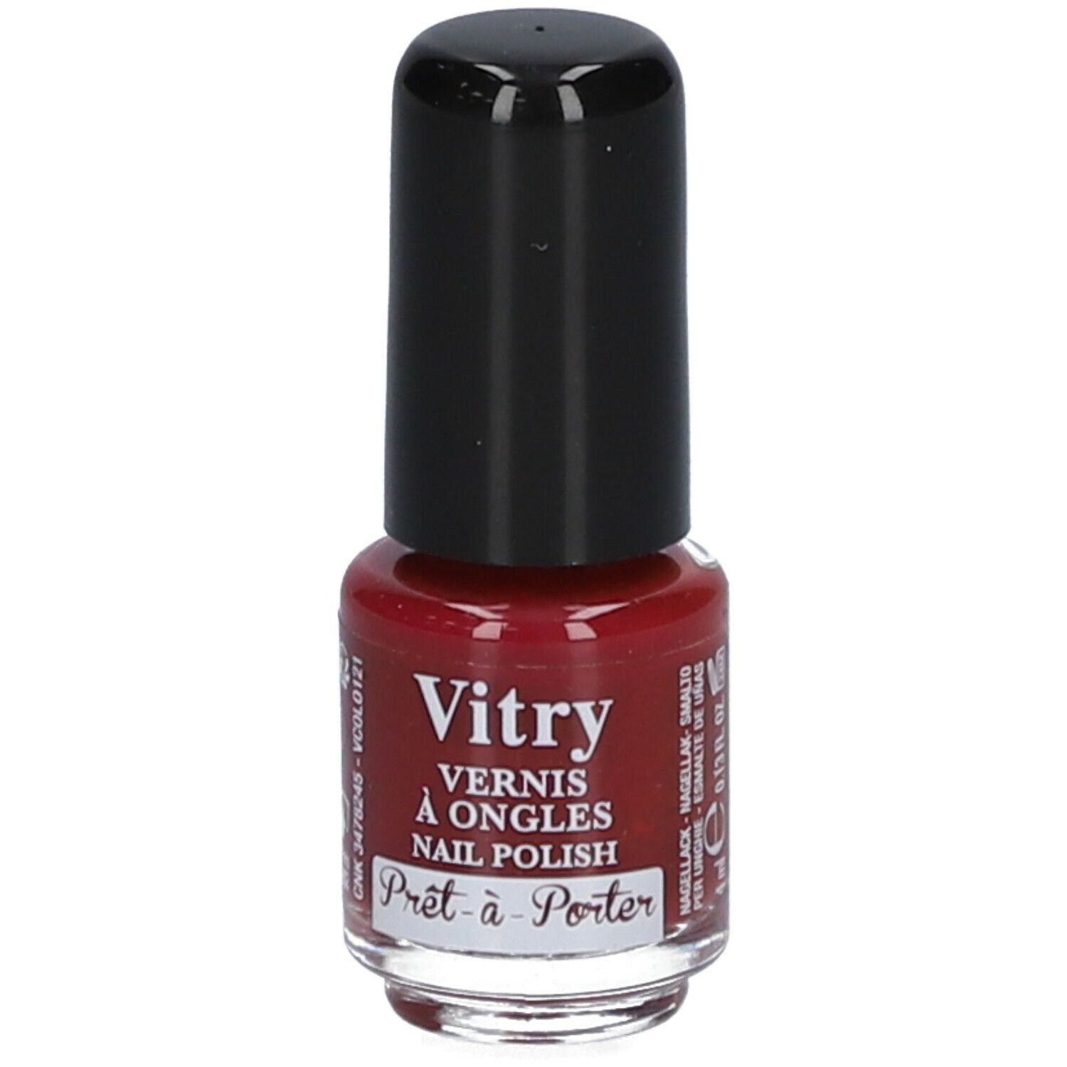 Nagellackflasche mit schwarzem Deckel. Aufschrift: Vitry, Vernis à Ongles, Nail Polish, Prêt-à-Porter. Rote Flüssigkeit sichtbar.