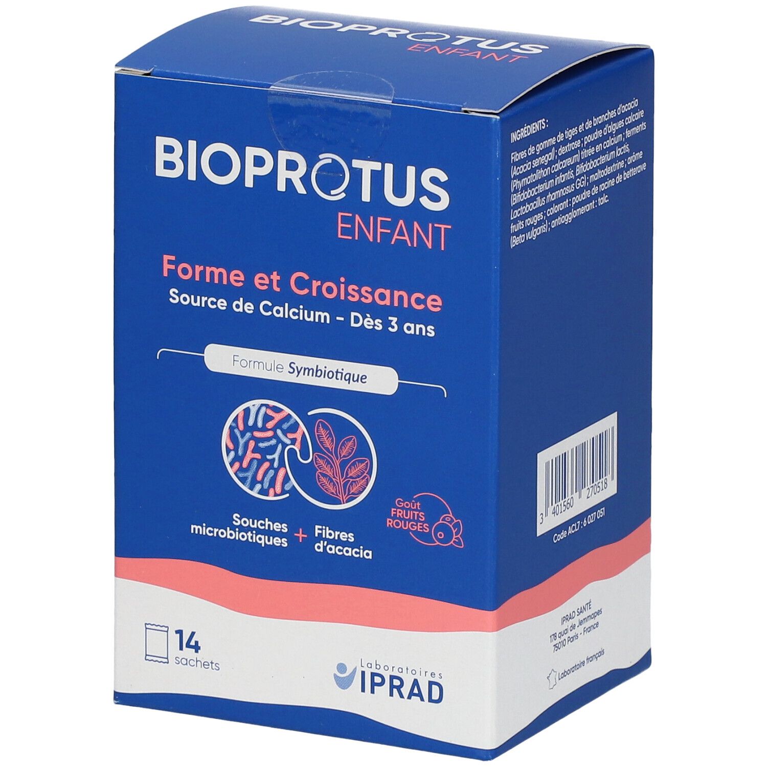 Blaue Schachtel mit BIOPROTUS ENFANT-Logo. Enthält 14 Sachets. Text: Forme et Croissance, Source de Calcium - Dès 3 ans. Logo: Souches + Fibres d'acacia.