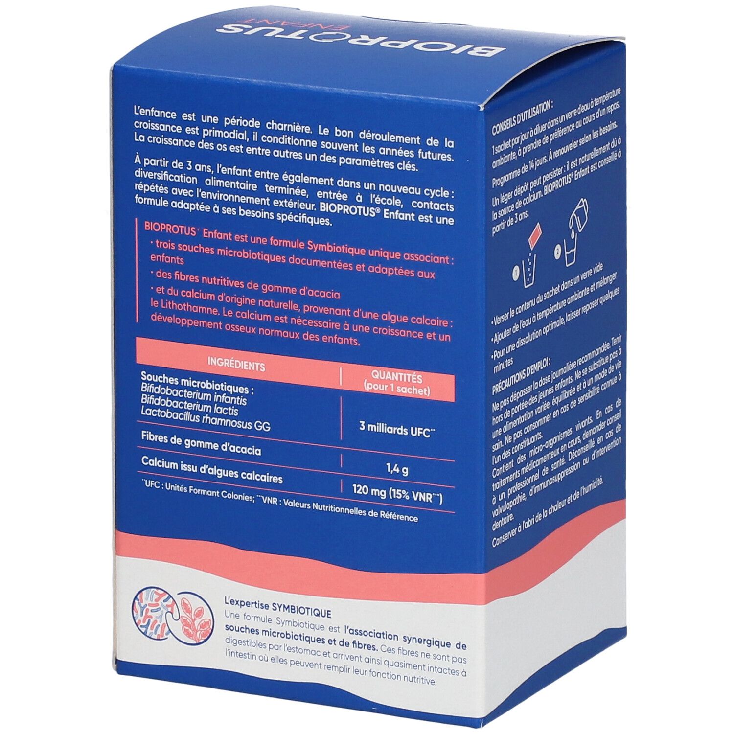 Rückseite der blauen BIOPROTUS ENFANT-Schachtel. Enthält Inhaltsstoffe, Dosierung und Gebrauchsanweisung. Logo: Expertise Symbiotique.