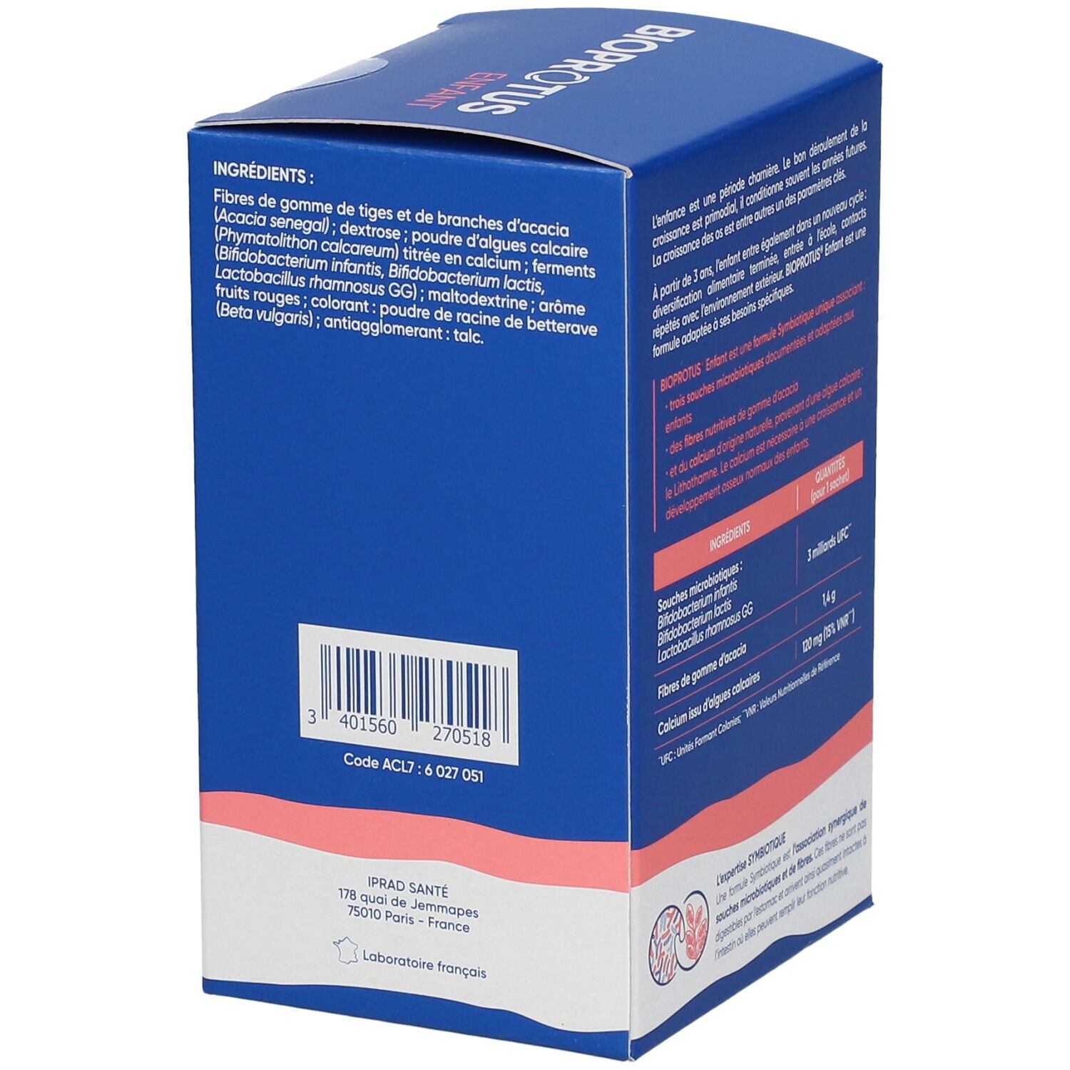 Seitenansicht der blauen BIOPROTUS ENFANT-Schachtel. Enthält Inhaltsstoffe und Nährwertangaben. Logo: PRAD SANTE.