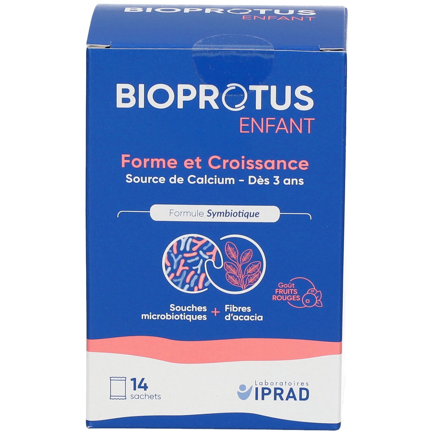 Blaue Schachtel mit BIOPROTUS ENFANT-Logo. Enthält 14 Sachets. Text: Forme et Croissance, Source de Calcium - Dès 3 ans. Logo: Souches + Fibres d'acacia.