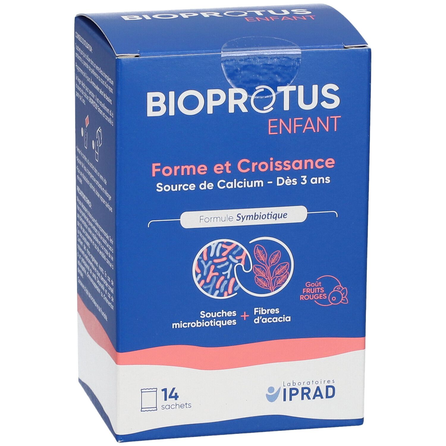 Blaue Schachtel mit BIOPROTUS ENFANT-Logo. Enthält 14 Sachets. Text: Forme et Croissance, Source de Calcium - Dès 3 ans. Logo: Souches + Fibres d'acacia.