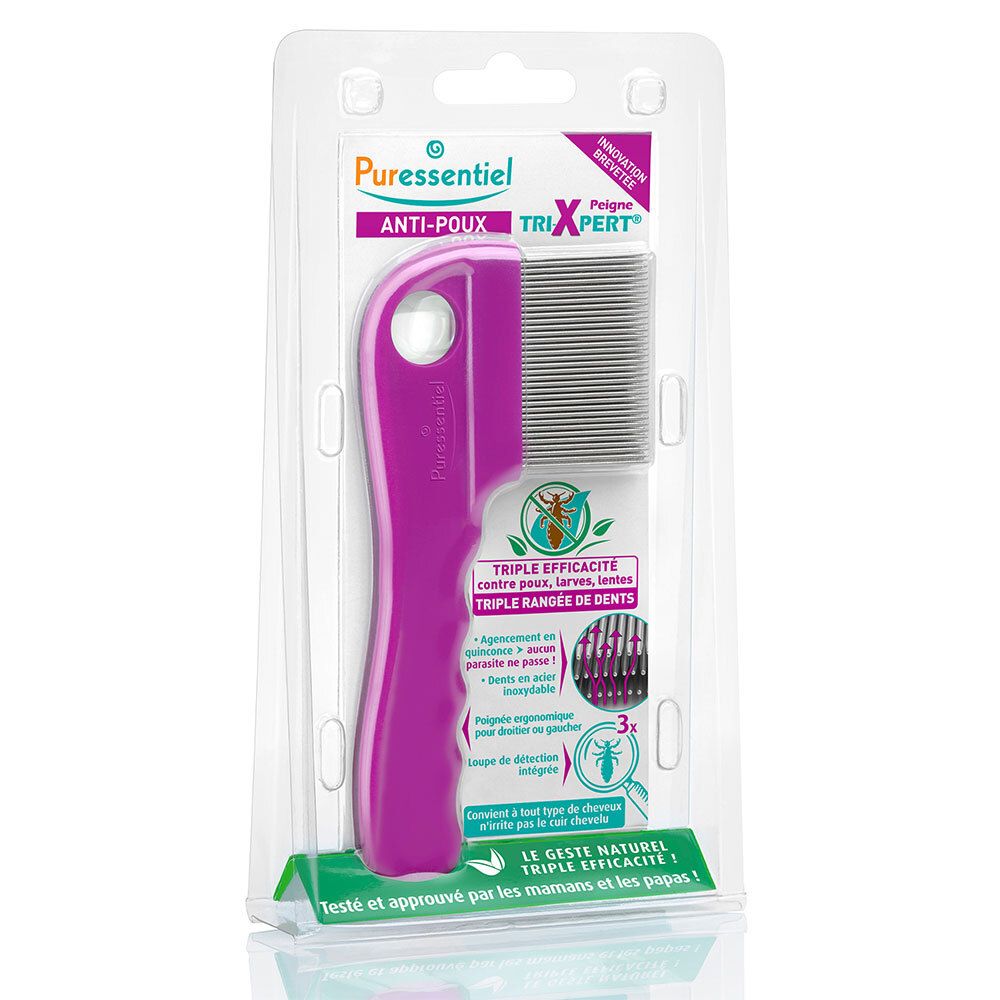 Pinker Läusekamm in Blisterverpackung. Marke Puressentiel, Modell TriXpert. Dreifache Zahnreihe.