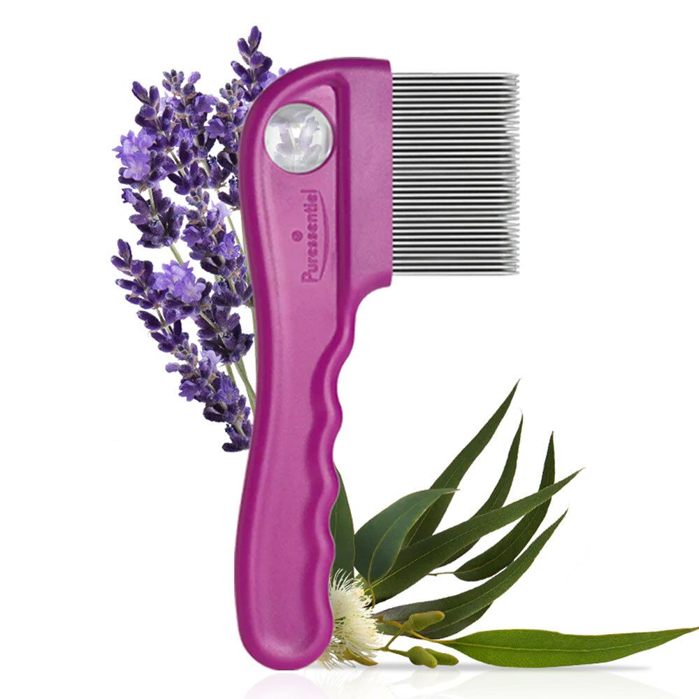 Pinker Läusekamm mit Lavendel und Blättern. Marke Puressentiel, Modell TriXpert.