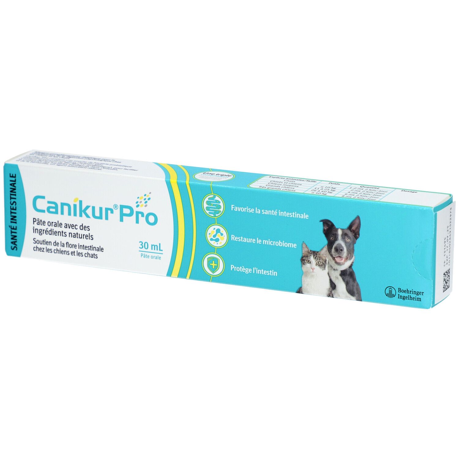 Boîte de Canikur Pro, pâte orale pour chiens et chats. Contient 30 ml. Image d'un chien et d'un chat.