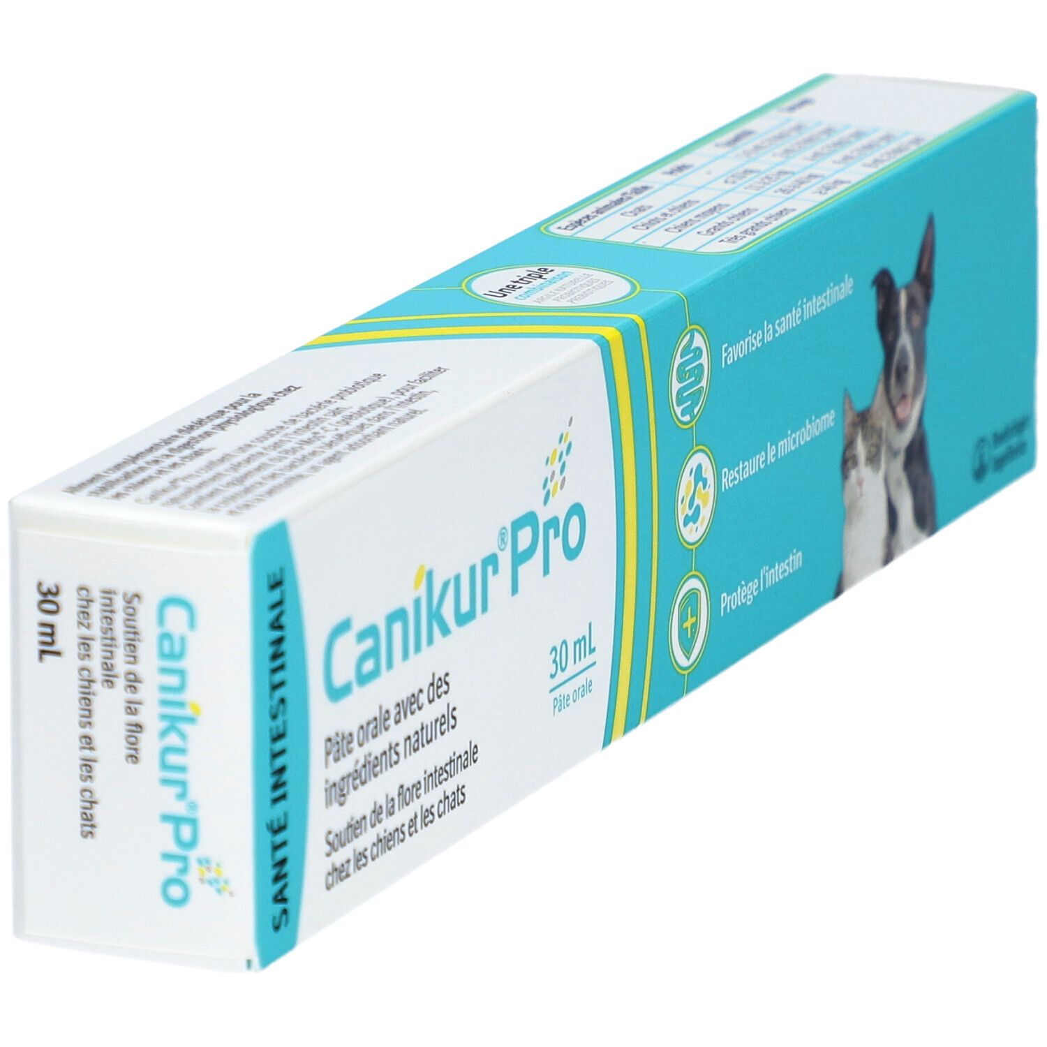 Boîte de Canikur Pro, pâte orale pour chiens et chats. Contient 30 ml. Image d'un chien et d'un chat.