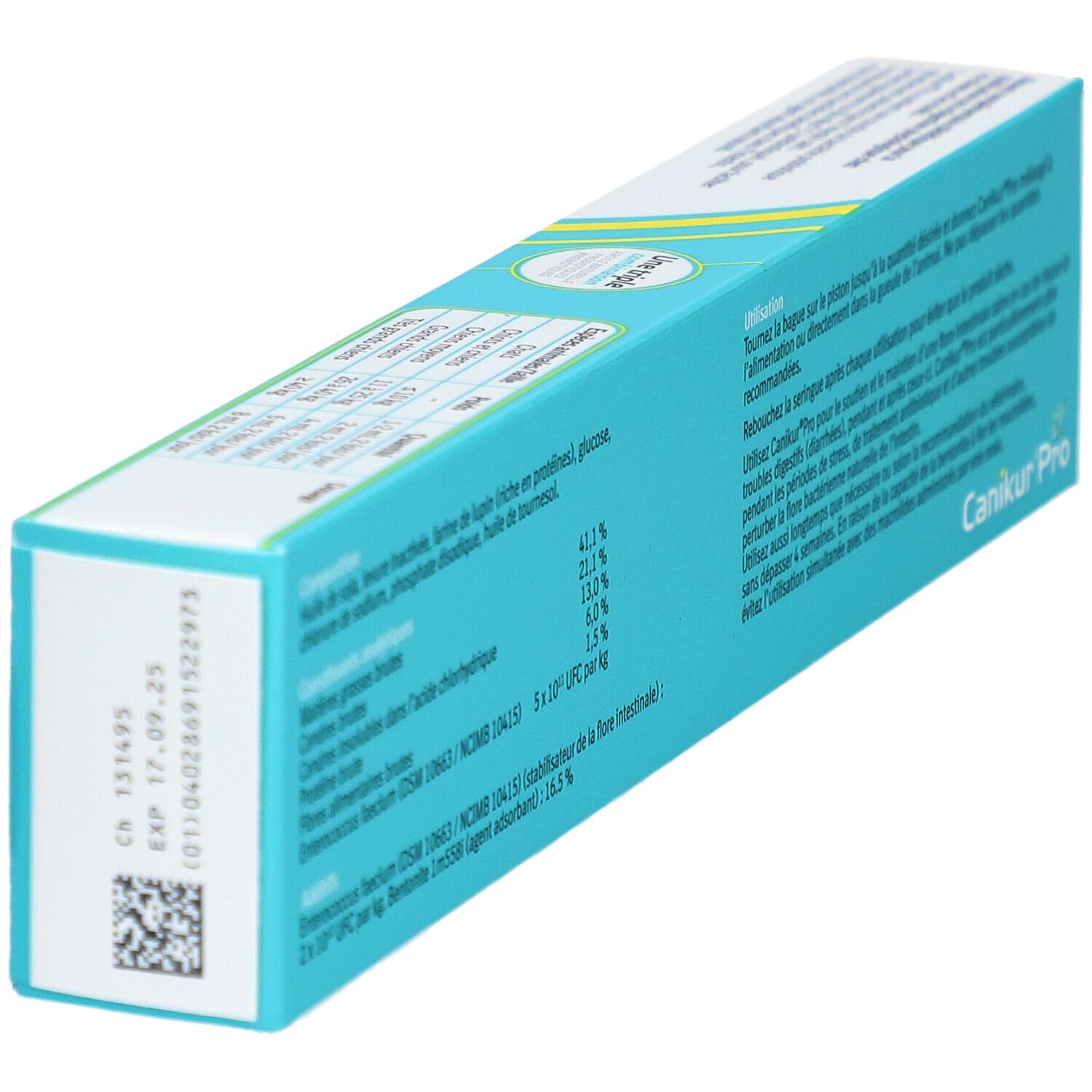 Vue latérale de l'emballage de Canikur Pro. Contient des informations sur les ingrédients et la durabilité.