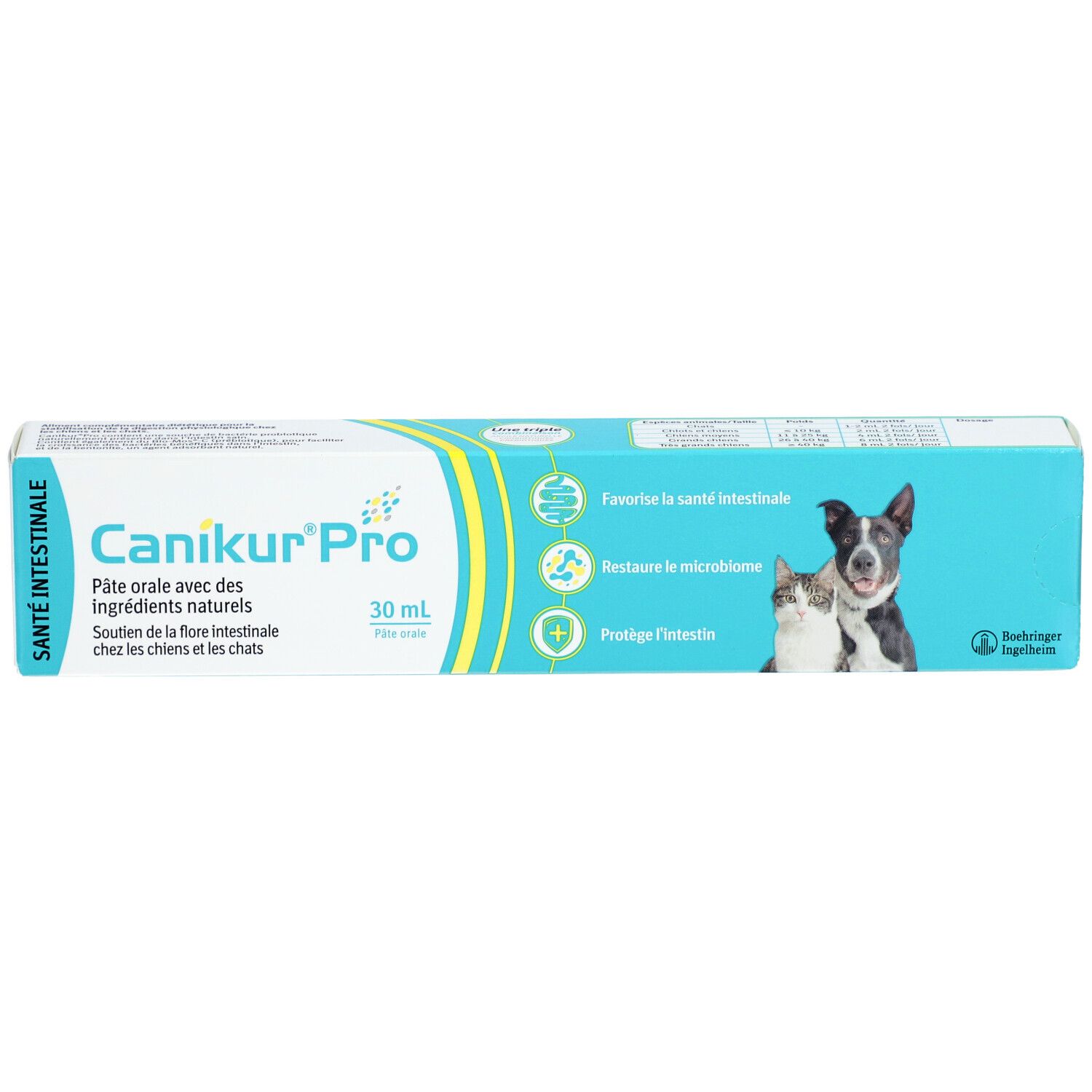 Boîte de Canikur Pro, pâte orale pour chiens et chats. Contient 30 ml. Image d'un chien et d'un chat.