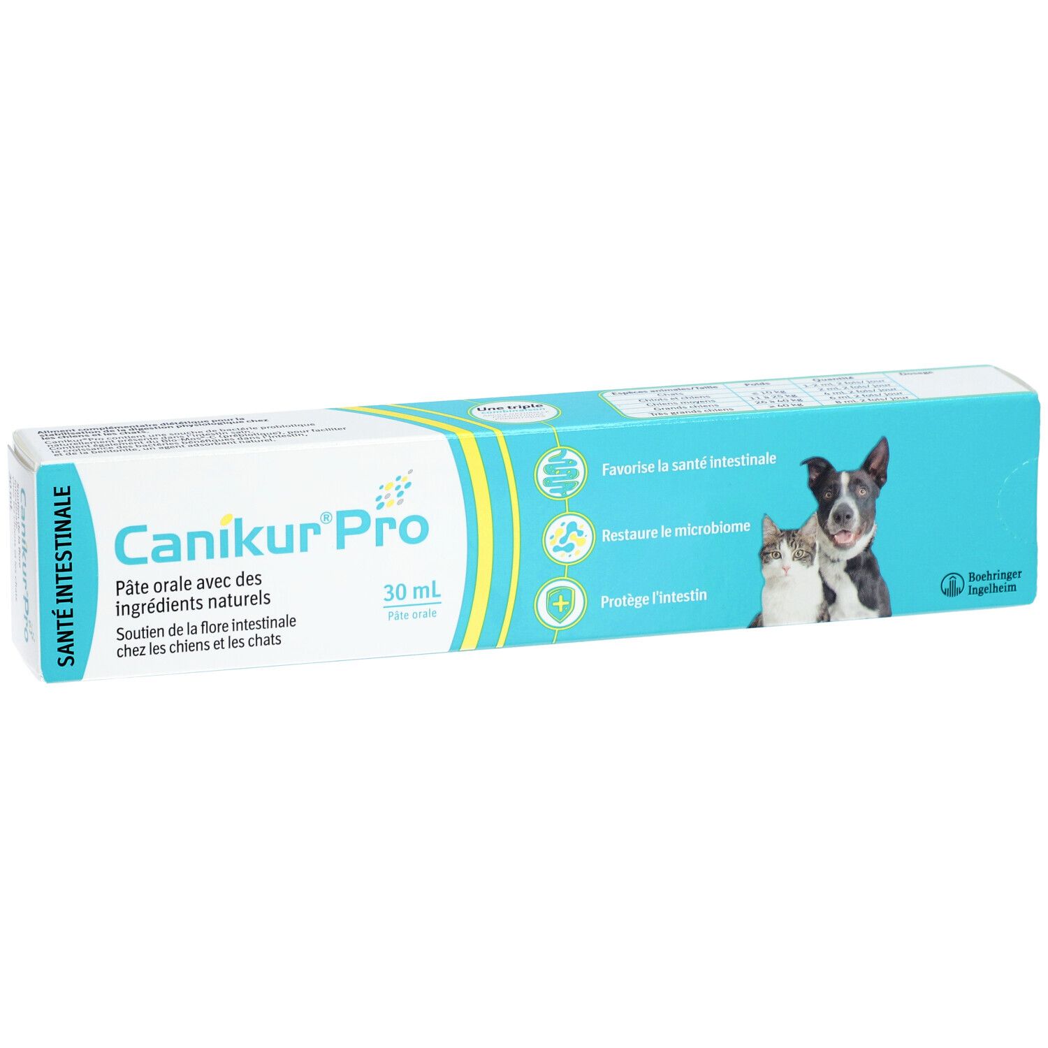 Boîte de Canikur Pro, pâte orale pour chiens et chats. Contient 30 ml. Image d'un chien et d'un chat.