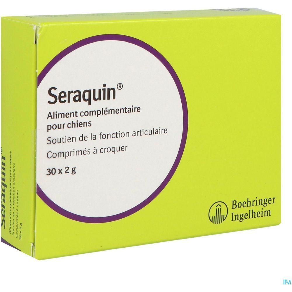 Seraquin® pour chiens. Complément alimentaire pour la fonction articulaire. Comprimés à croquer. Boîte.