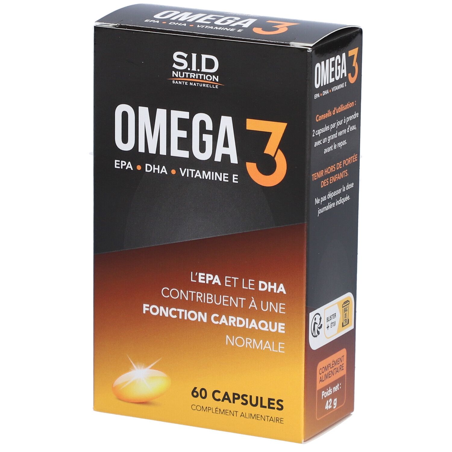 Boîte de gélules Omega 3. Inscription: OMEGA 3, EPA, DHA, Vitamine E. 60 gélules. SID Nutrition.