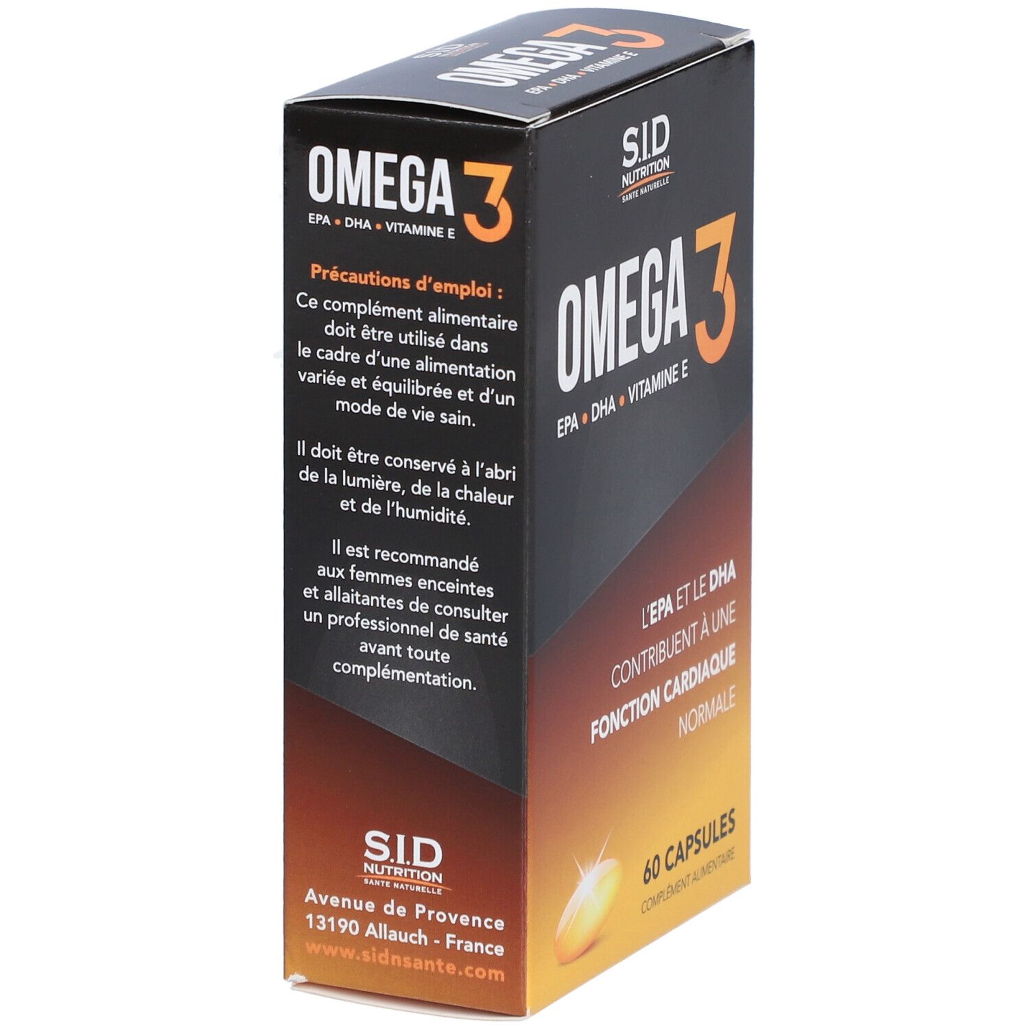 Boîte de gélules Omega 3. Inscription: OMEGA 3, EPA, DHA, Vitamine E. SID Nutrition. Adresse.