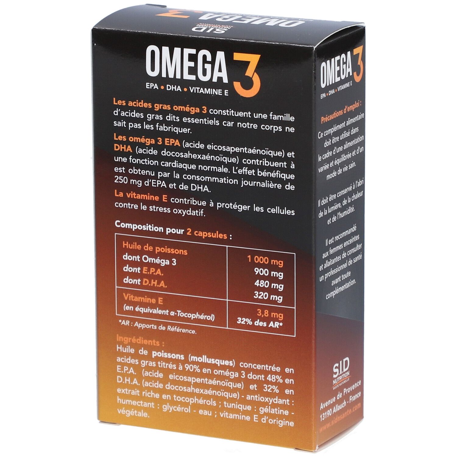 Dos de la boîte de gélules Omega 3. Ingrédients et informations nutritionnelles. SID Nutrition.