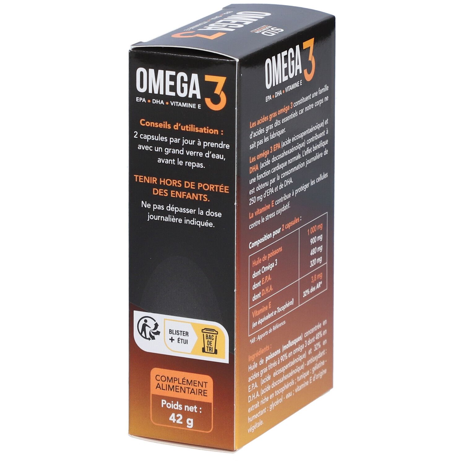 Boîte de gélules Omega 3. Inscription: OMEGA 3, EPA, DHA, Vitamine E. Conseils d'utilisation. SID Nutrition.