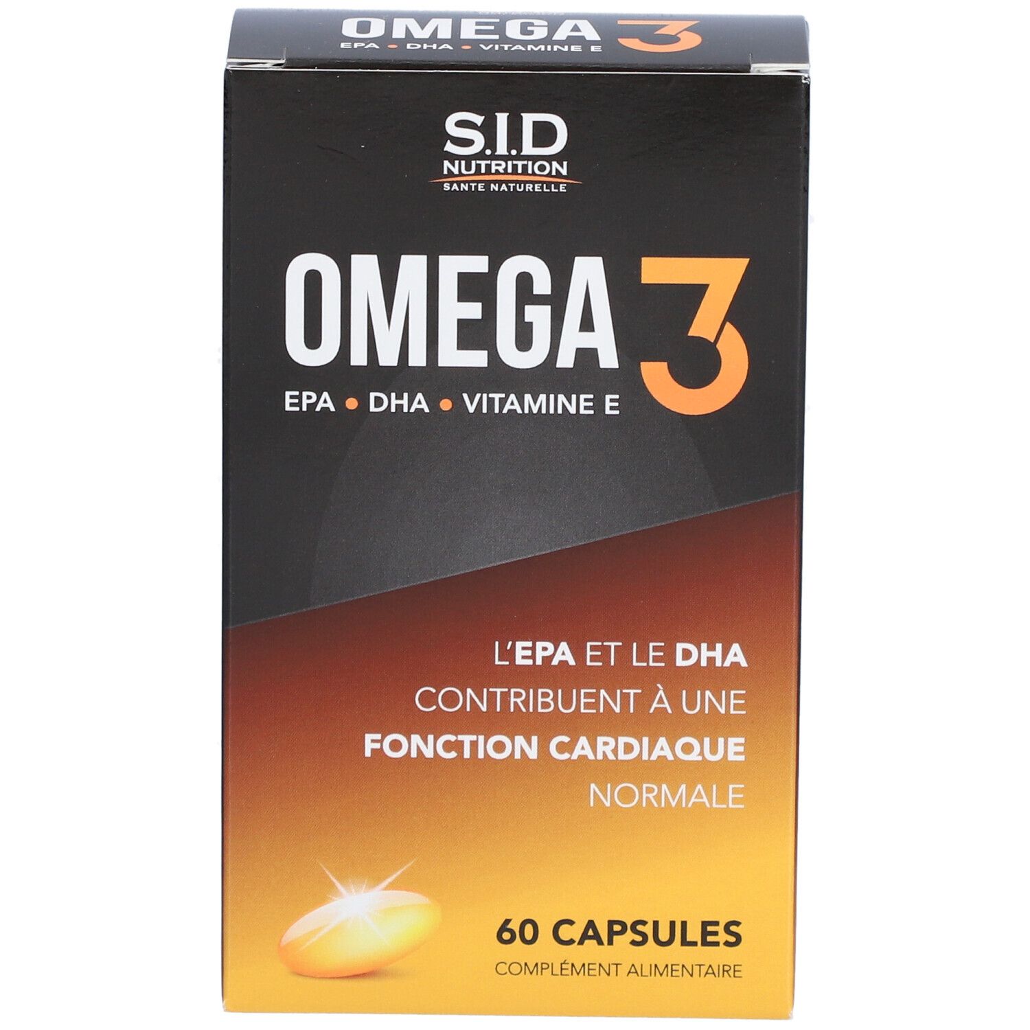Boîte de gélules Omega 3. Inscription: OMEGA 3, EPA, DHA, Vitamine E. 60 gélules. SID Nutrition.