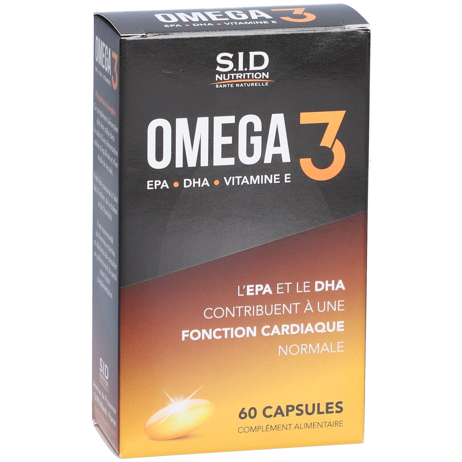 Boîte de gélules Omega 3. Inscription: OMEGA 3, EPA, DHA, Vitamine E. 60 gélules. SID Nutrition.