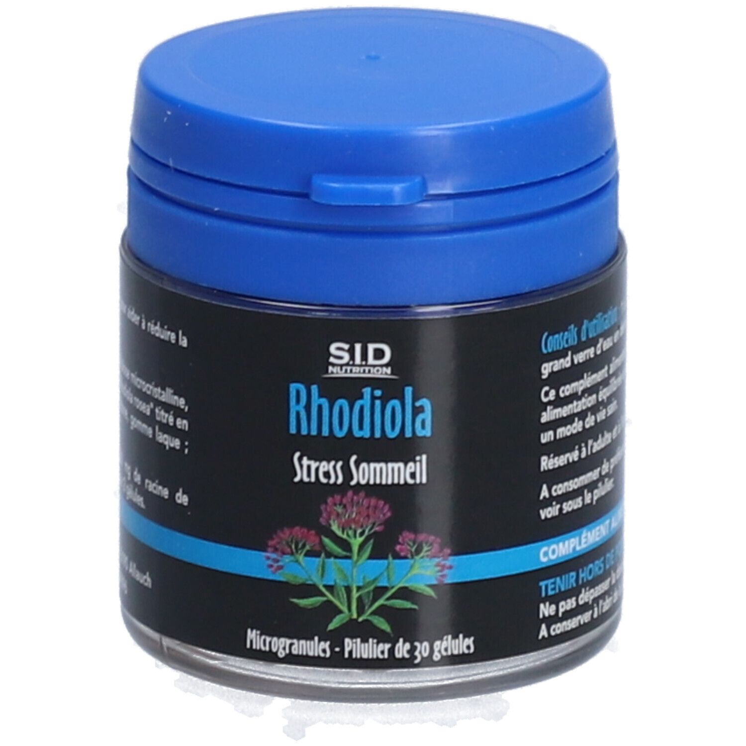Blaue Dose mit schwarzem Etikett. Aufschrift: Rhodiola Stress Sommeil. Enthält 30 Mikrokapseln.