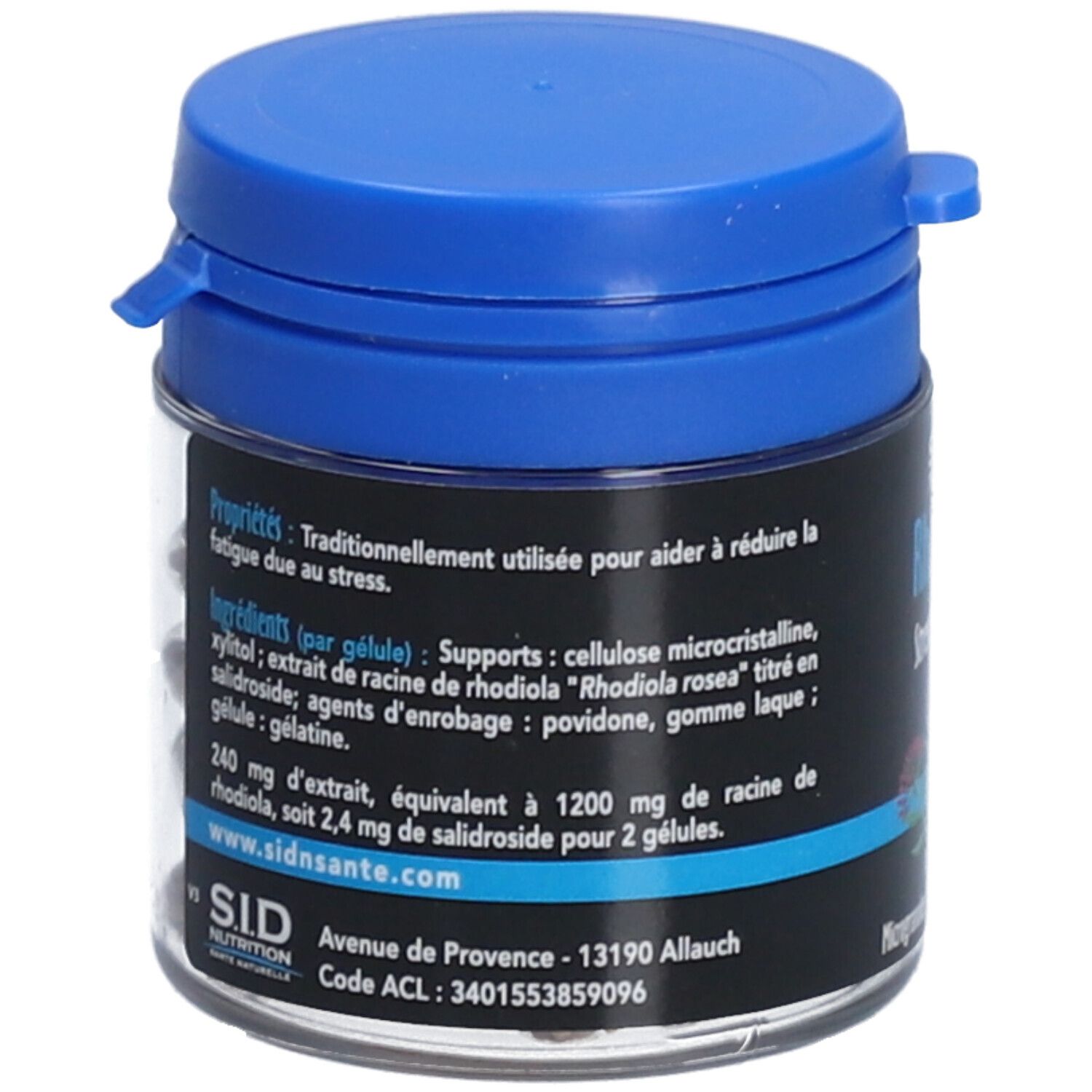 Transparente Dose mit blauer Kappe. Aufschrift: SID Nutrition. Enthält Informationen zu Inhaltsstoffen und Dosierung.