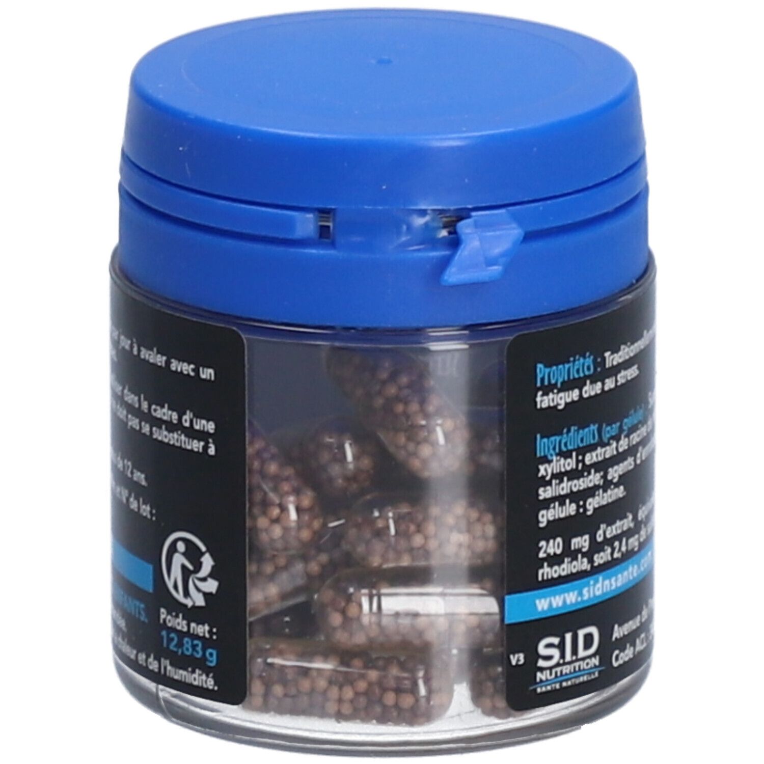 Transparente Dose mit blauer Kappe. Enthält braune Kapseln. Aufschrift: SID Nutrition. Nettogewicht: 12,83 g.