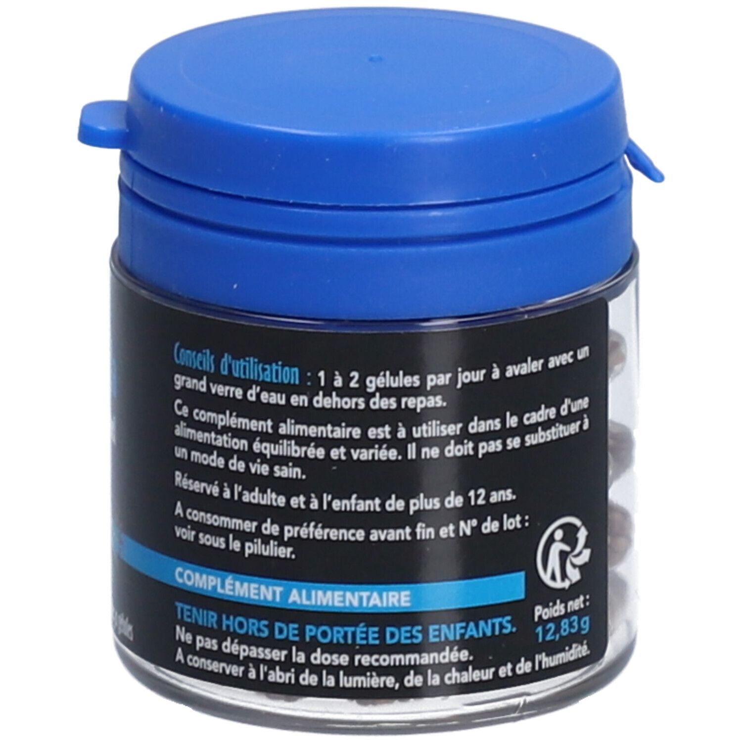Transparente Dose mit blauer Kappe. Aufschrift: SID Nutrition. Enthält Informationen zur Anwendung und Warnhinweise.