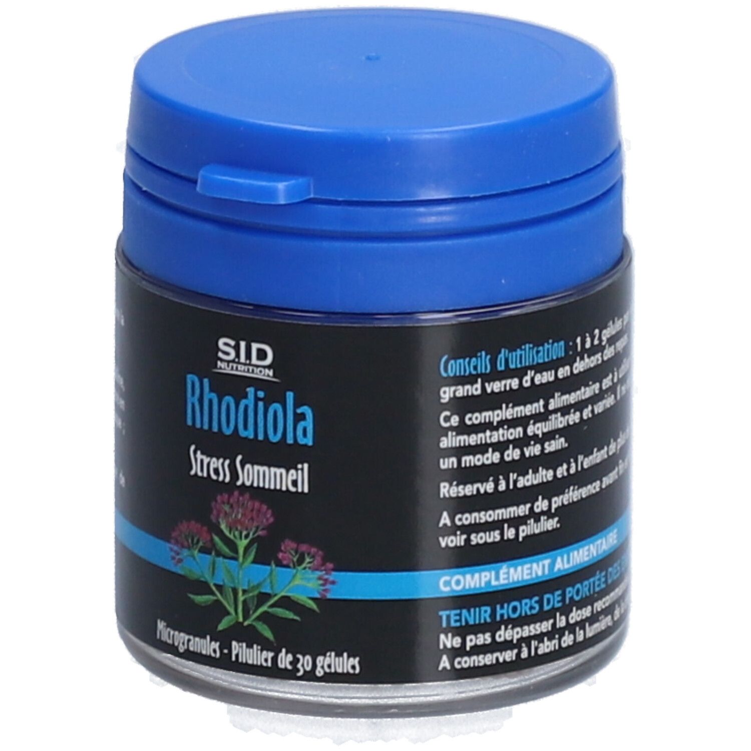 Blaue Dose mit schwarzem Etikett. Aufschrift: Rhodiola Stress Sommeil. Enthält 30 Mikrokapseln. SID Nutrition Logo.