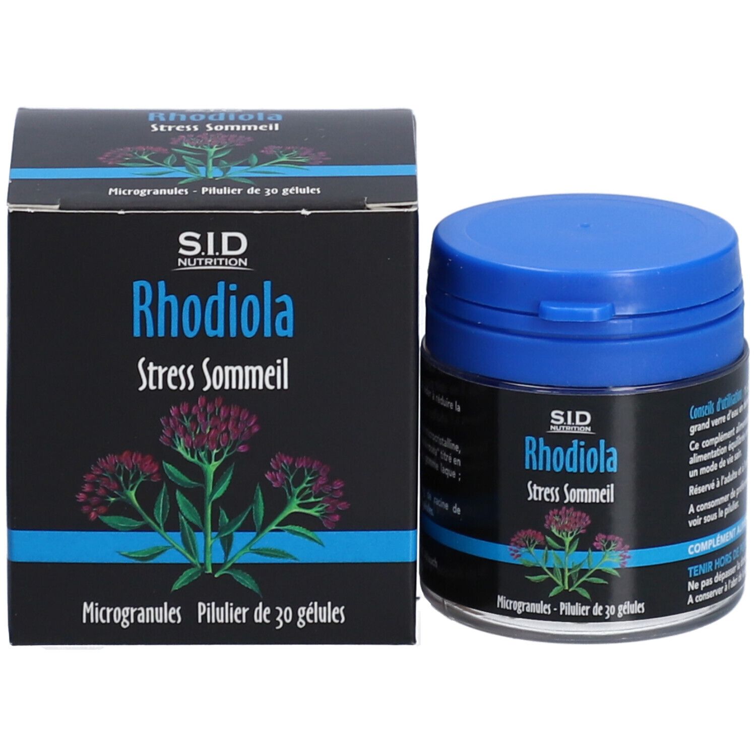 Produktverpackung: Dose und Schachtel. Aufschrift: Rhodiola Stress Sommeil. SID Nutrition Logo. 30 Mikrokapseln.